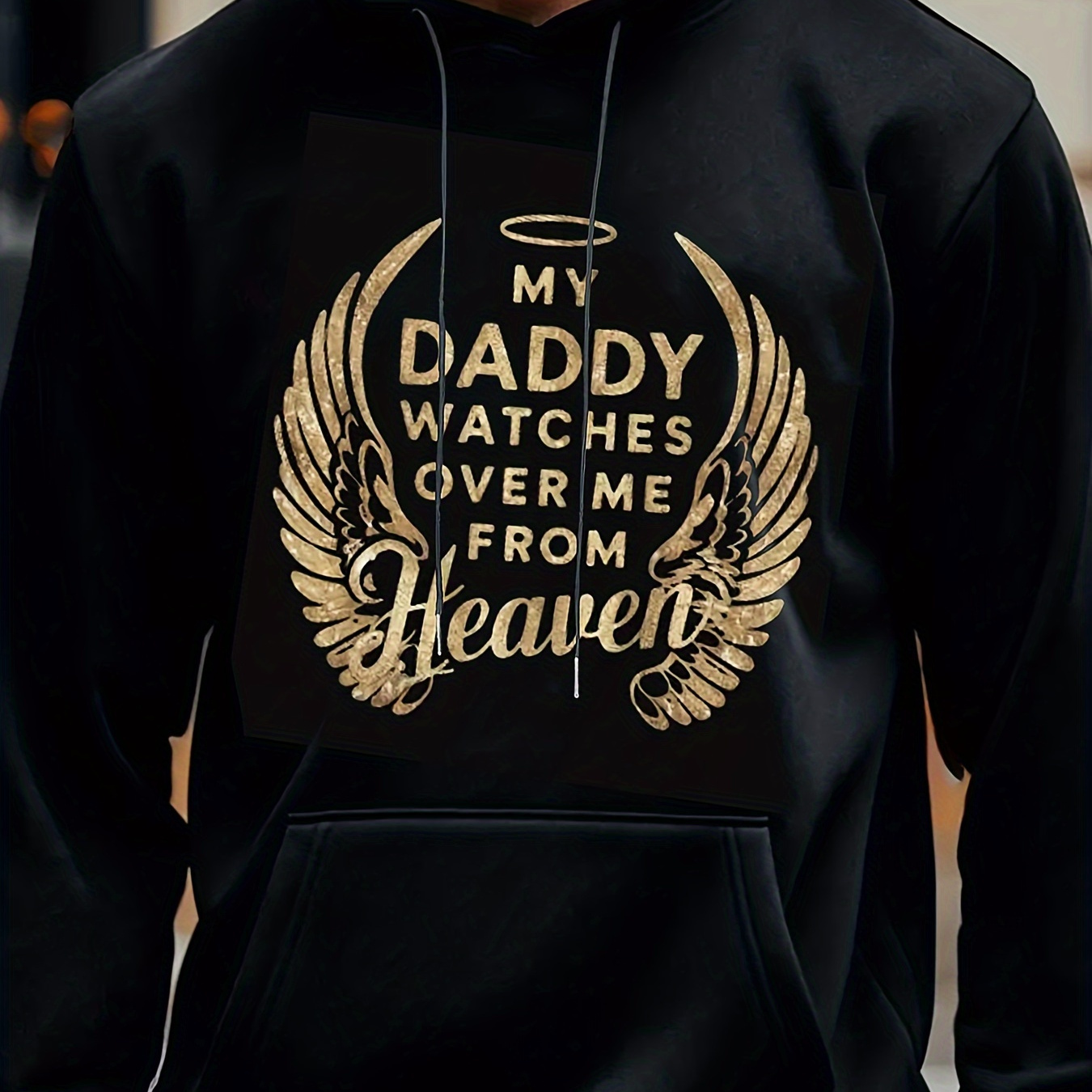 

Men's "dad In Heaven" Print Pullover Hoodie With Pocket Long Sleeve Hooded Sweatshirt Loose Casual Tops Autumn And Winter Men's Clothing Soft, Breathable, , 280g