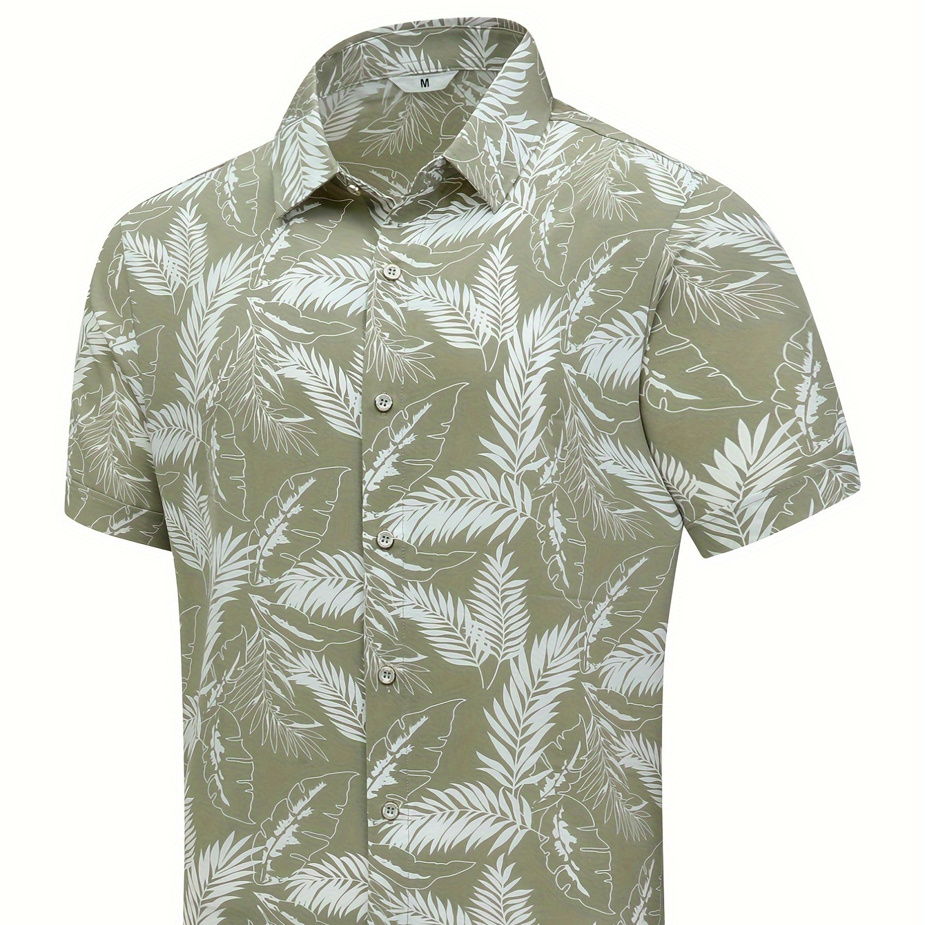 

Army Green Background Leaves, Hawaiian Men's Shirt, Unisex Summer Beach Leisure Vacation Short Sleeved Button Up Half Sleeved 5 Quarter Sleeved Shirt, Printed Tropical Plant Feather Leaves Daily