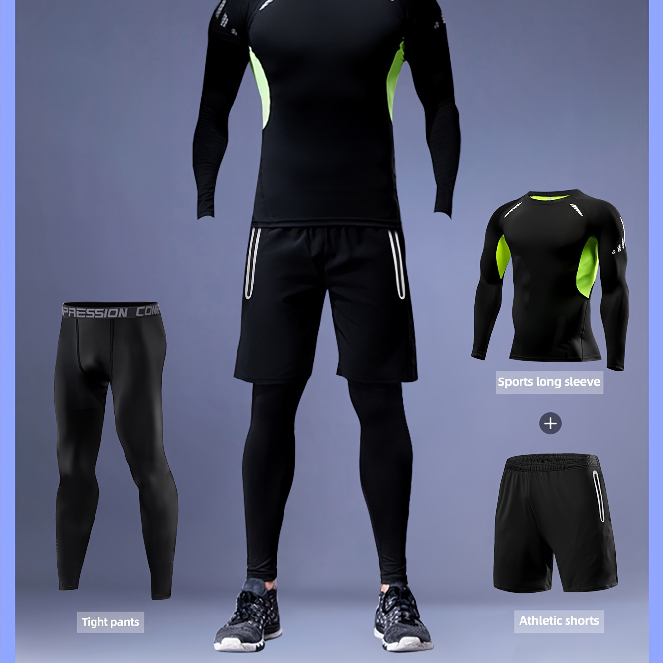 

Men's 3pcs Athletic Set: Quick-dry Long Sleeve Top, Shorts & Leggings - Breathable, Stretchy For Running, Basketball & Gym Training, Workout Accessories