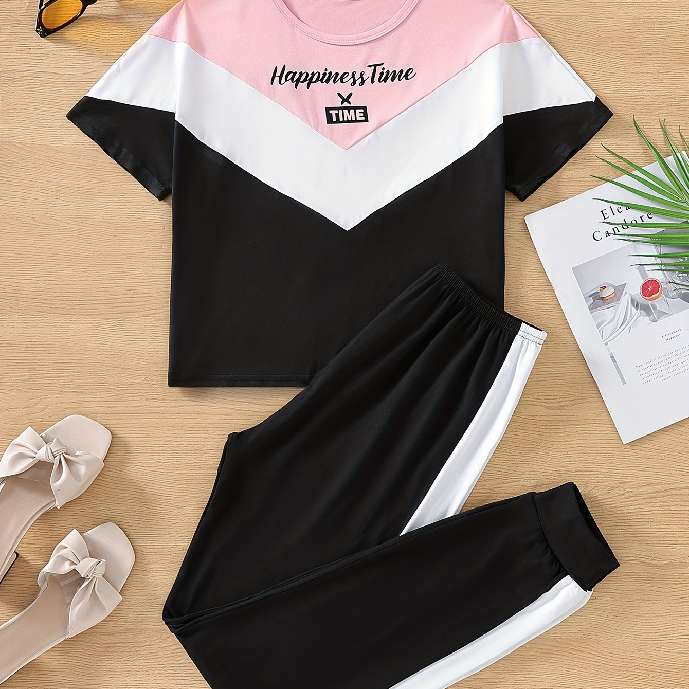 

Girls Casual 2pcs Splicing Short Sleeve T-shirt Top + Jogger Pants Set For Summer Gift Outdoor