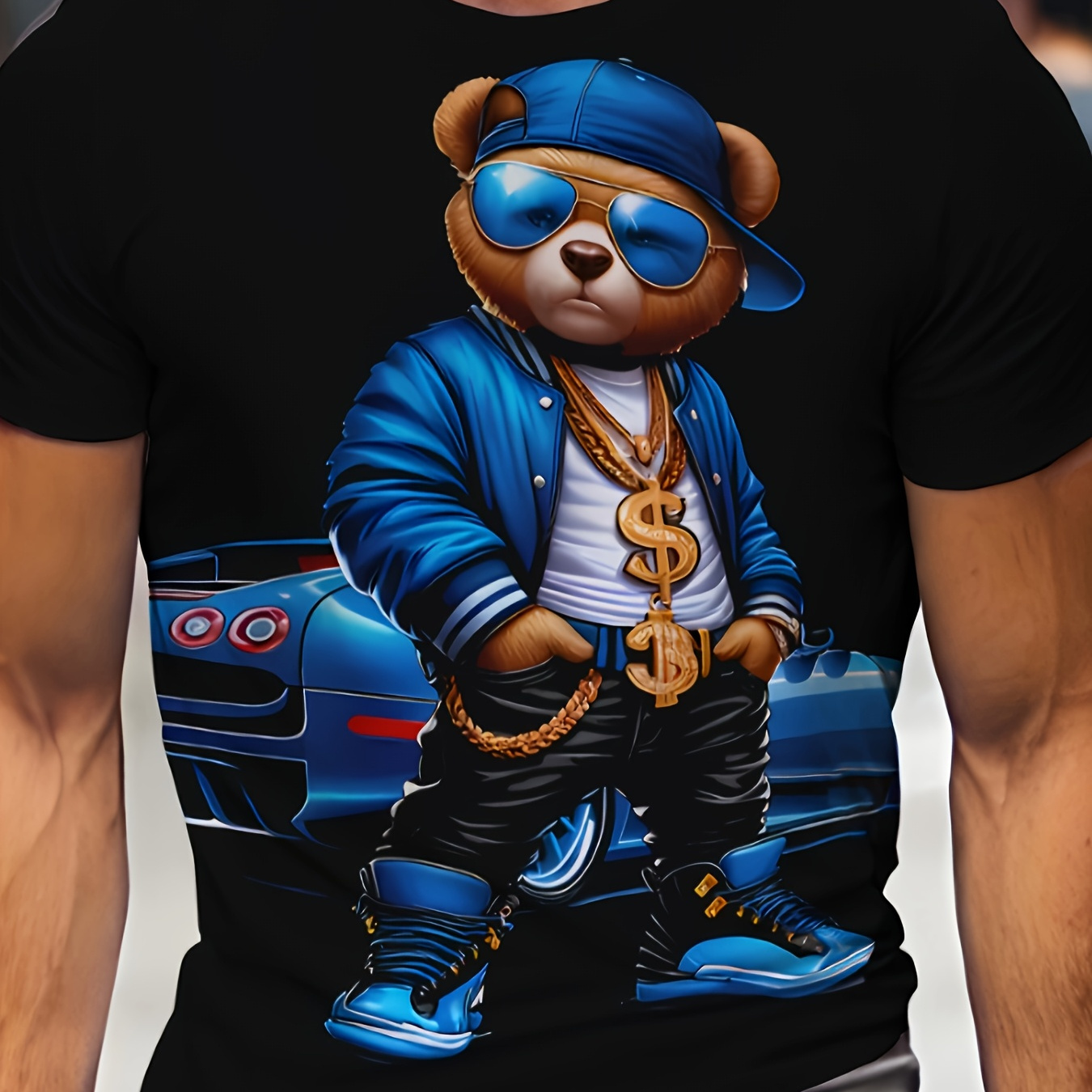 

Men' Style Teddy Bear Graphic T-shirt - Casual Comfortable Polyester Short Sleeve Tee With Hip Hop Bear And Sports Car Print, Machine Washable, Plus Size