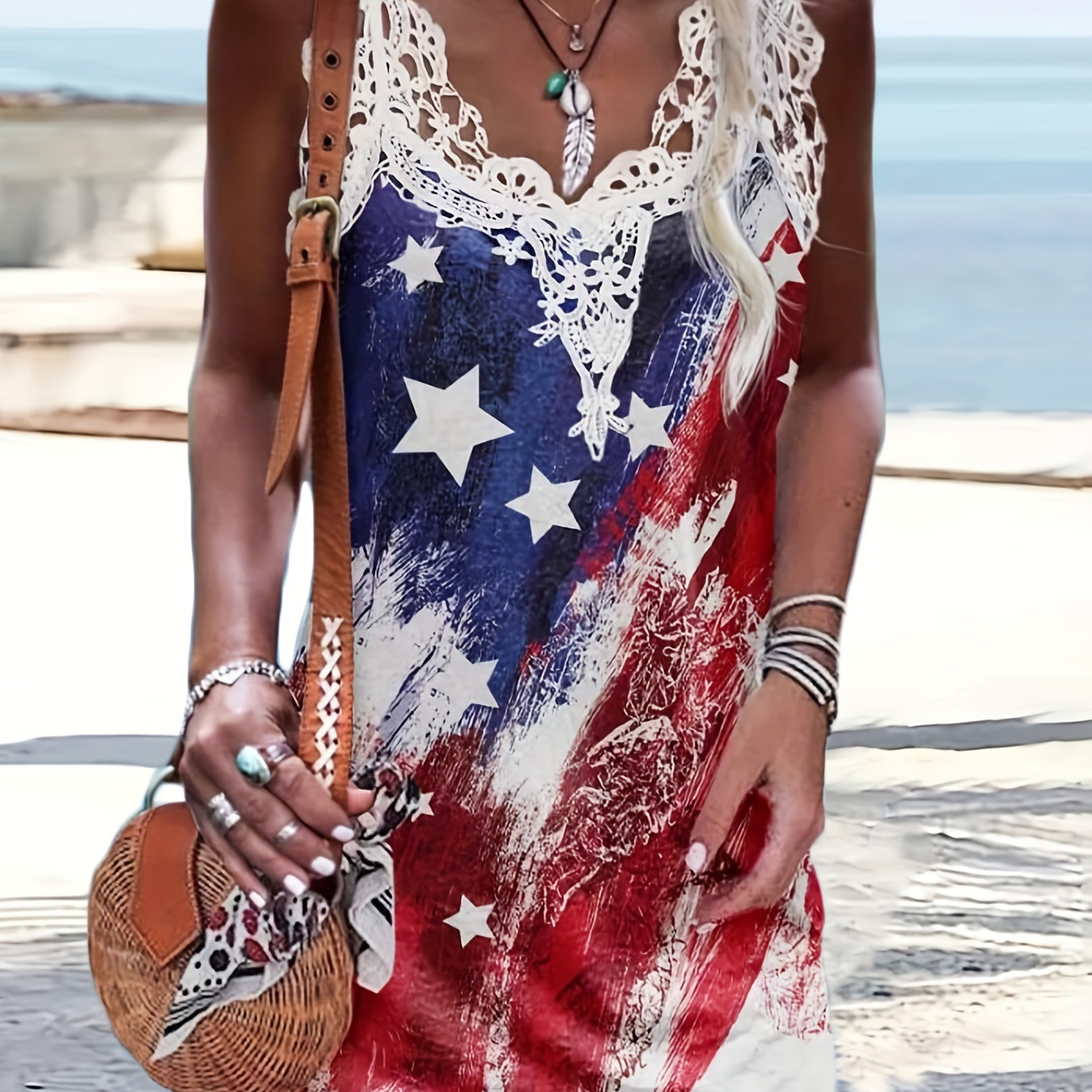 

American Flag Print Dress, Casual Contrast Lace Sleeveless Dress, Women's Clothing