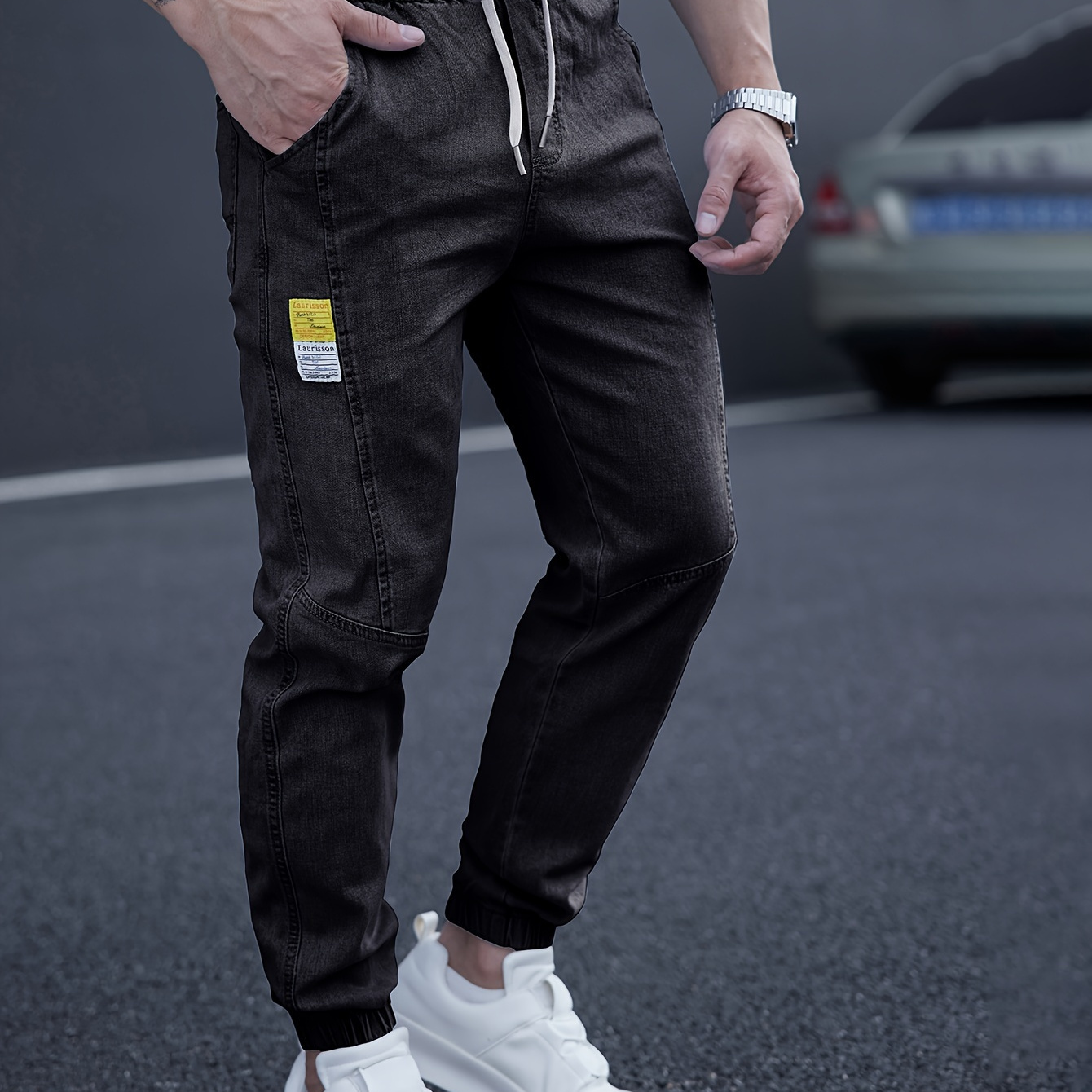 

Men's Casual Tapered Jeans, Chic Street Style Waist Drawstring Joggers