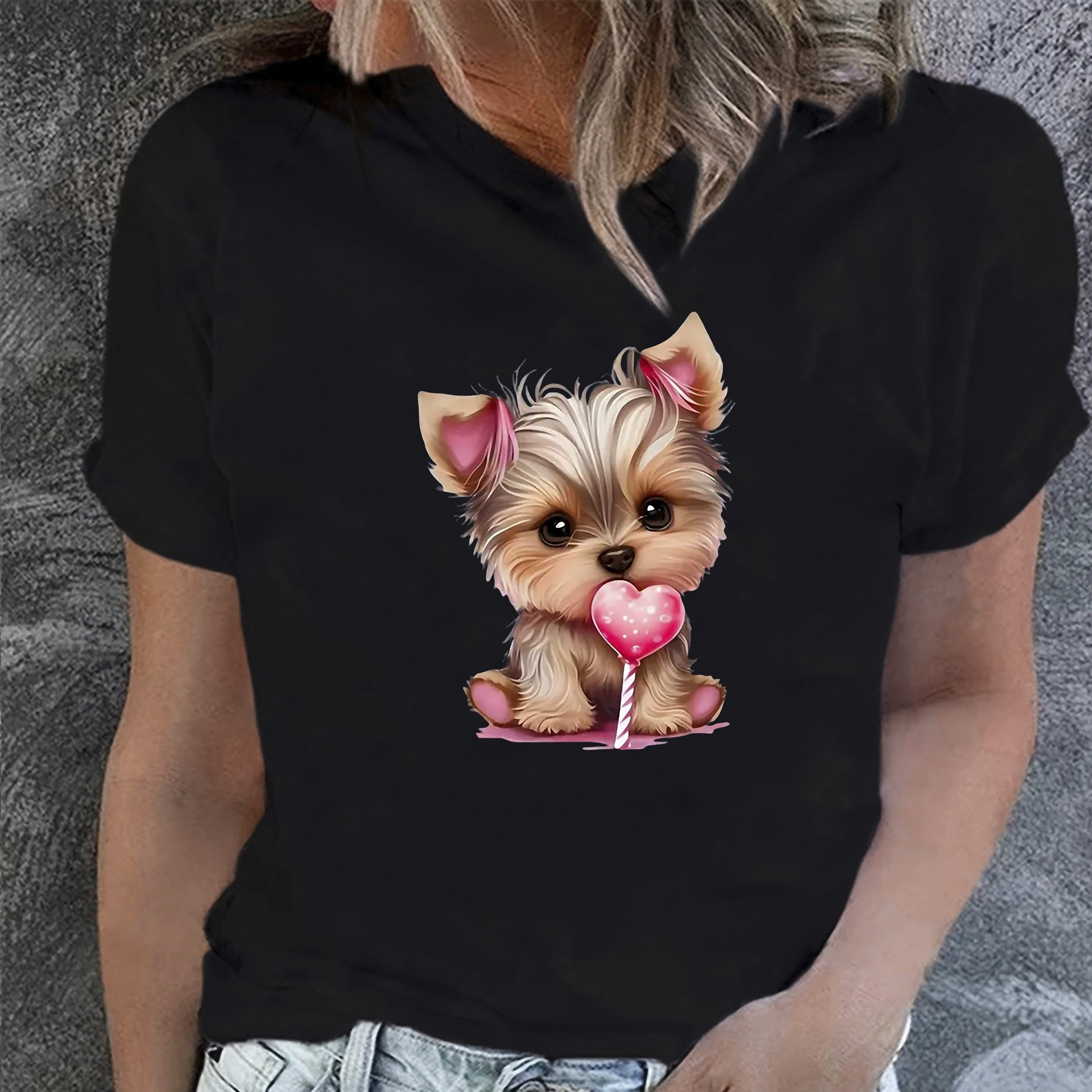 

Dog Print T-shirt, Short Sleeve Crew Neck Casual Top For Summer & Spring, Women's Clothing