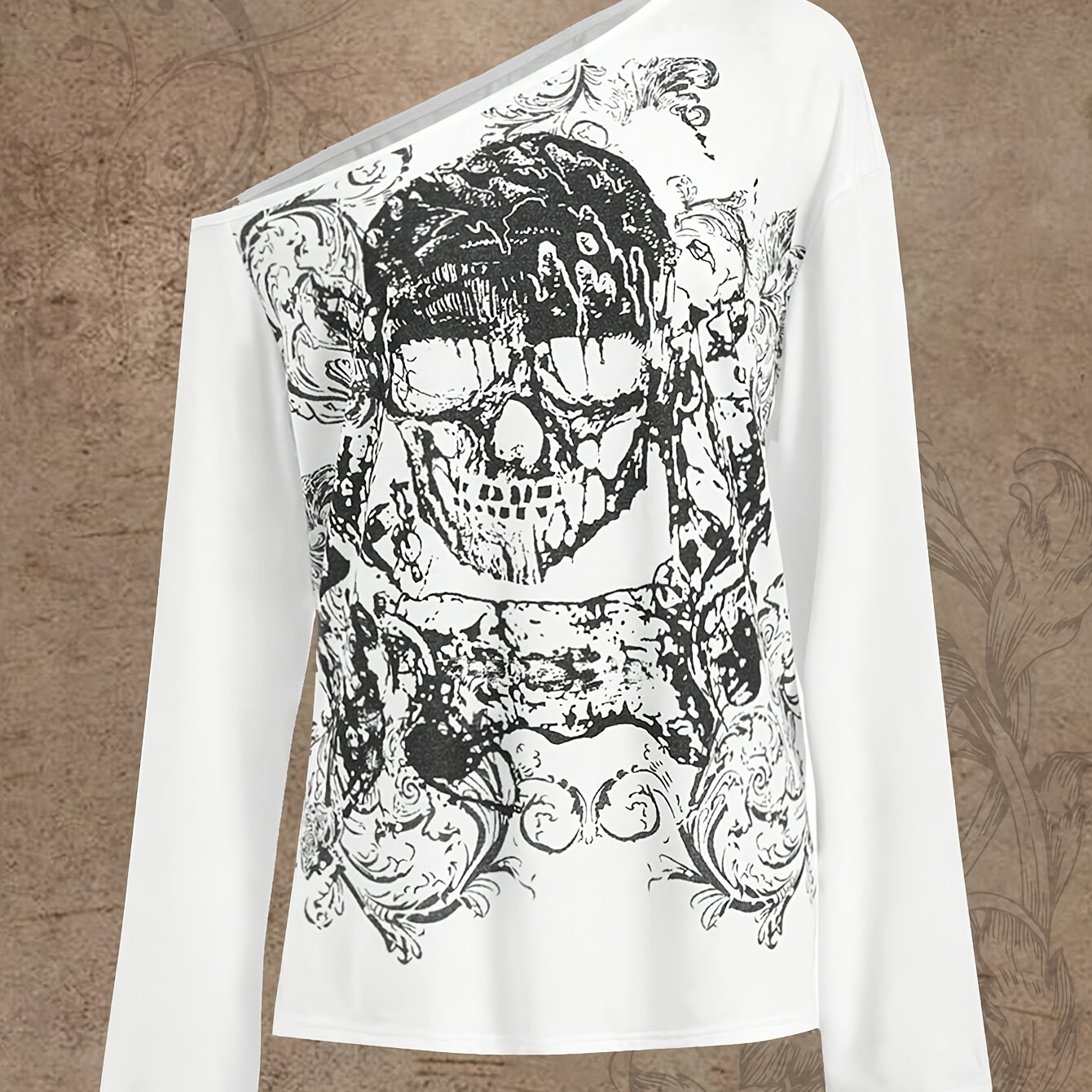 

Skull Print Cold Shoulder T-shirt, Casual Long Sleeve Top For Spring & Fall, Women's Clothing