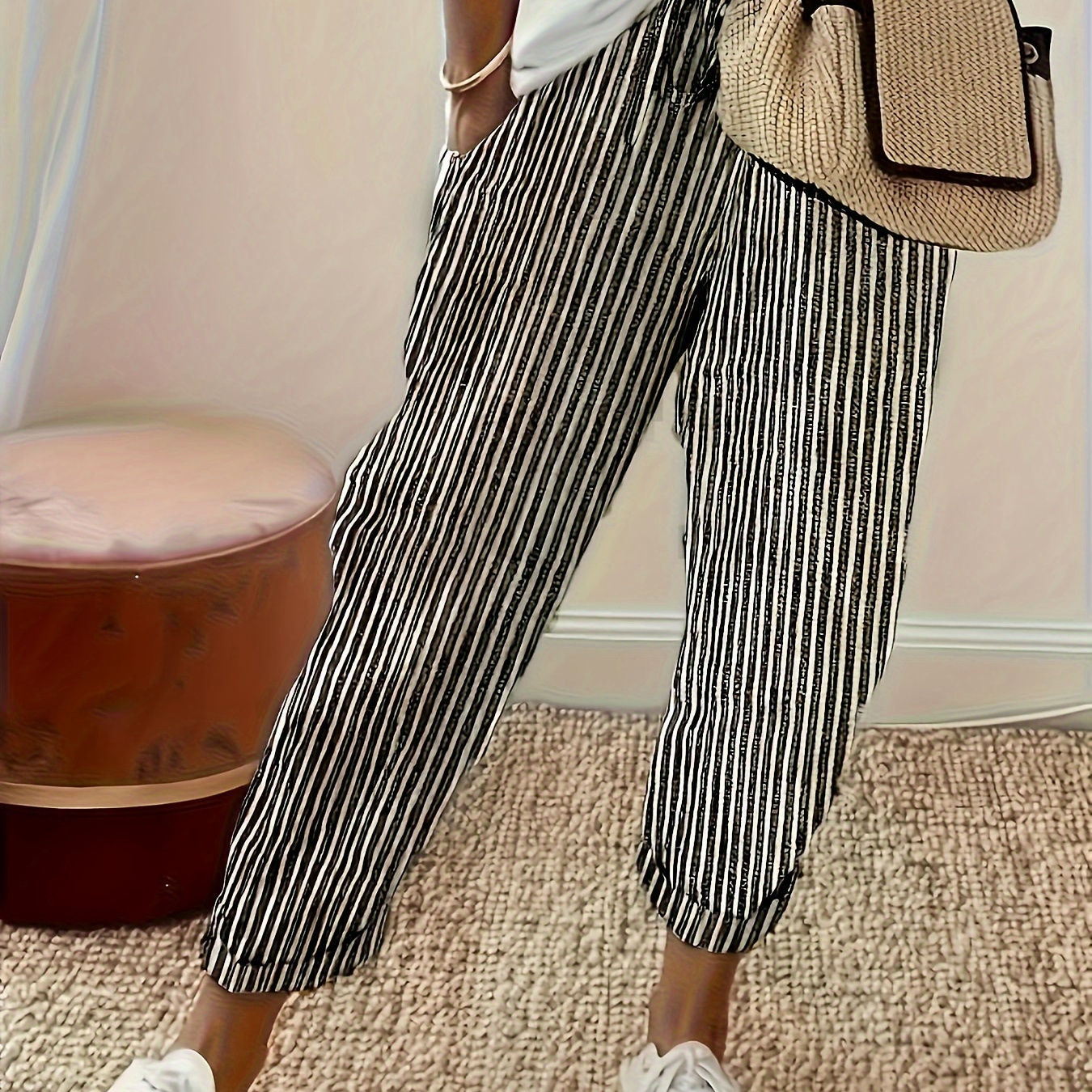 

Stripe Print Harem Pants, Casual Elastic Waist Baggy Pants For Every Day, Women's Clothing