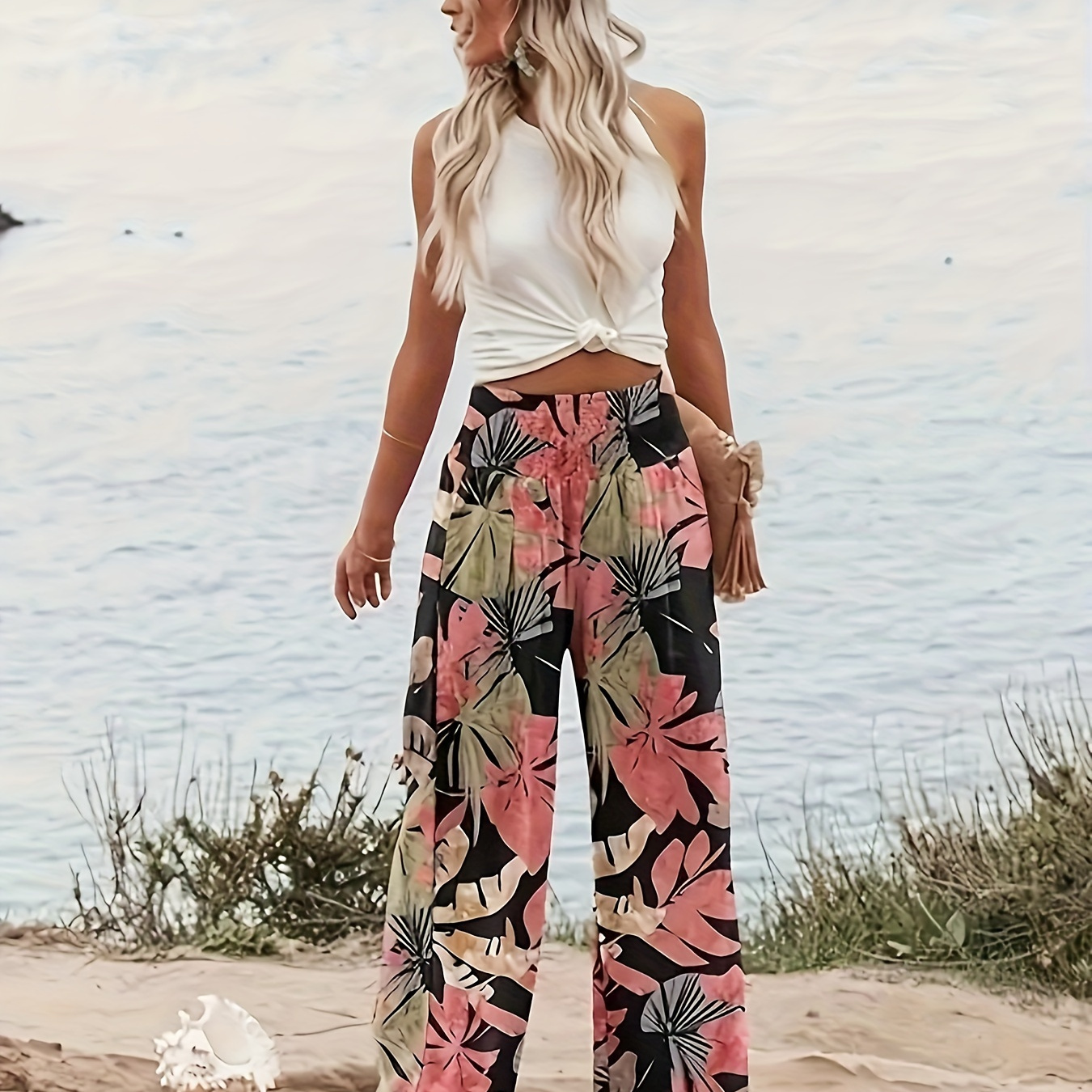 

Plant Print Wide Leg Pants, Vacation High Shirred Waist Loose Pants For Spring & Summer, Women's Clothing