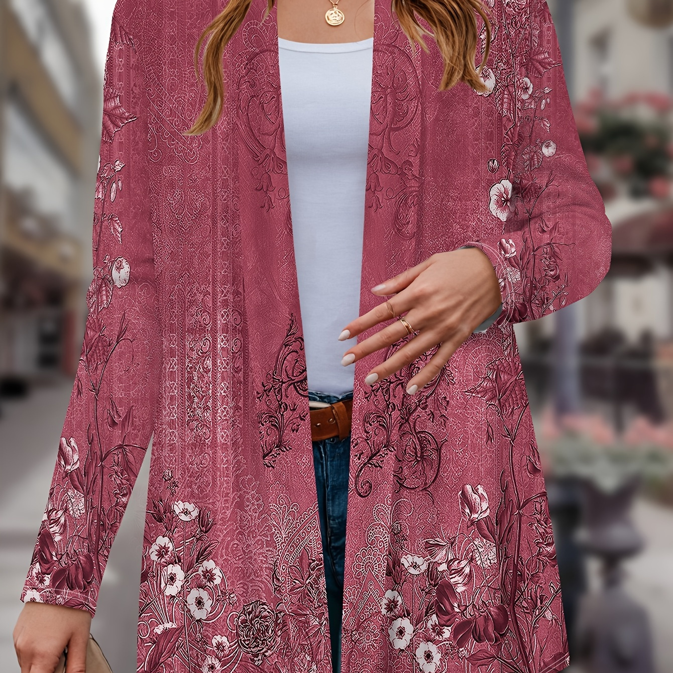 

Size Floral Print Cardigan - Long Sleeve, Open Front With Lapel Collar For Women - Spring & Fall