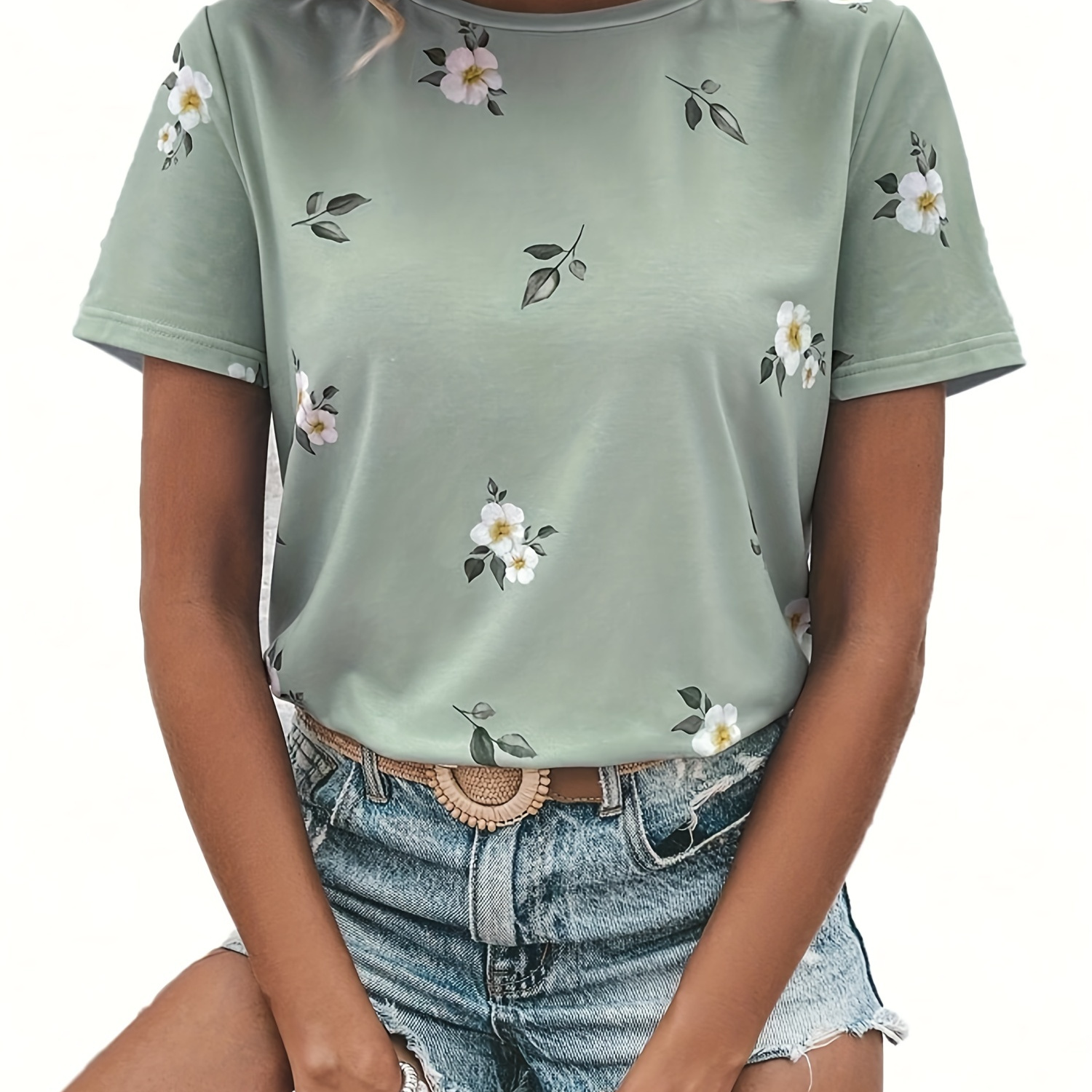 

Floral Print Crew Neck T-shirt, Casual Short Sleeve Top For Spring & Summer, Women's Clothing