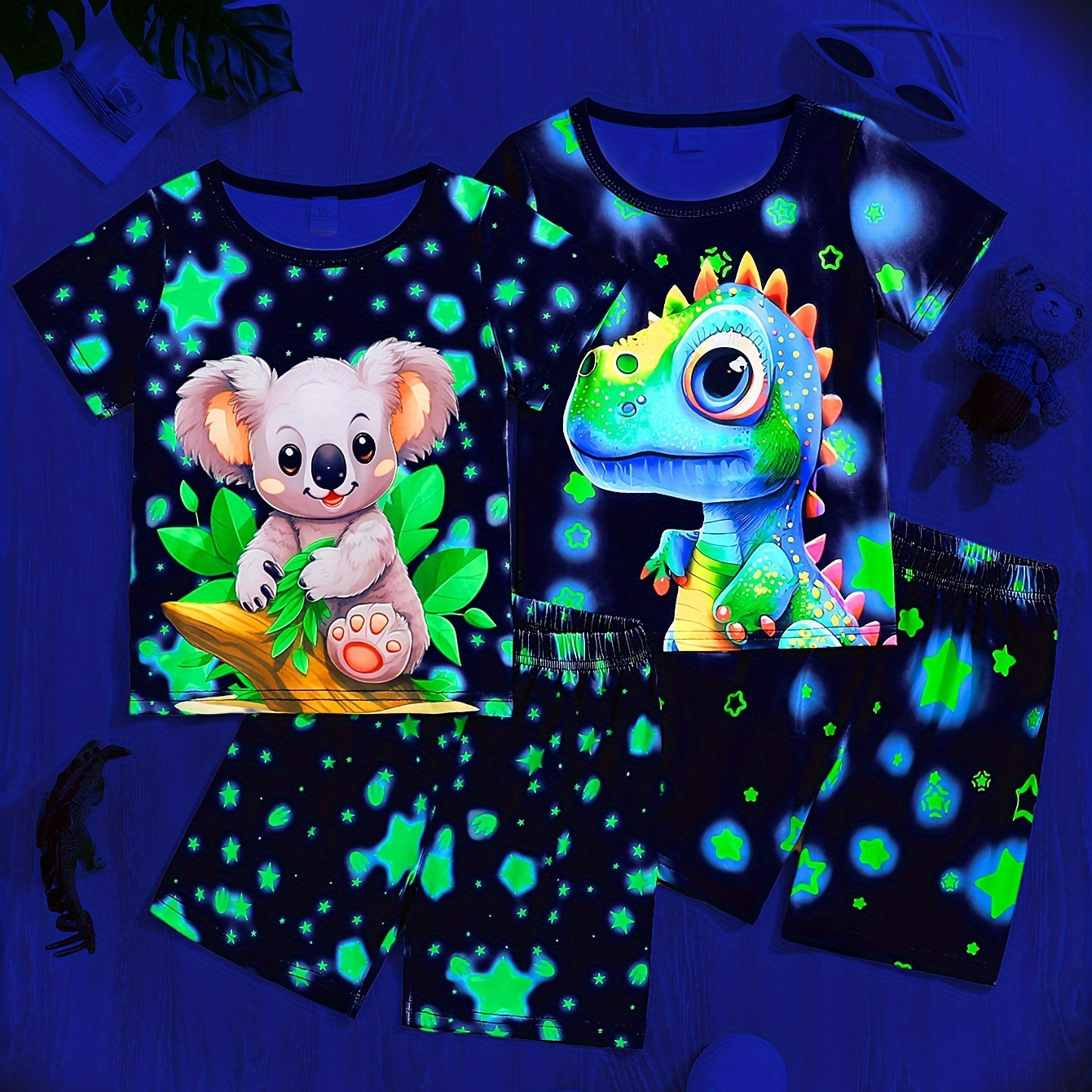

2 Pcs Boys Cute Pajama Sets, Fluorescent Dinosaur Kola Pattern Short Sleeve T-shirts & Shorts, Comfortable & Cute Style Pajamas For Boys Cozy Loungewear