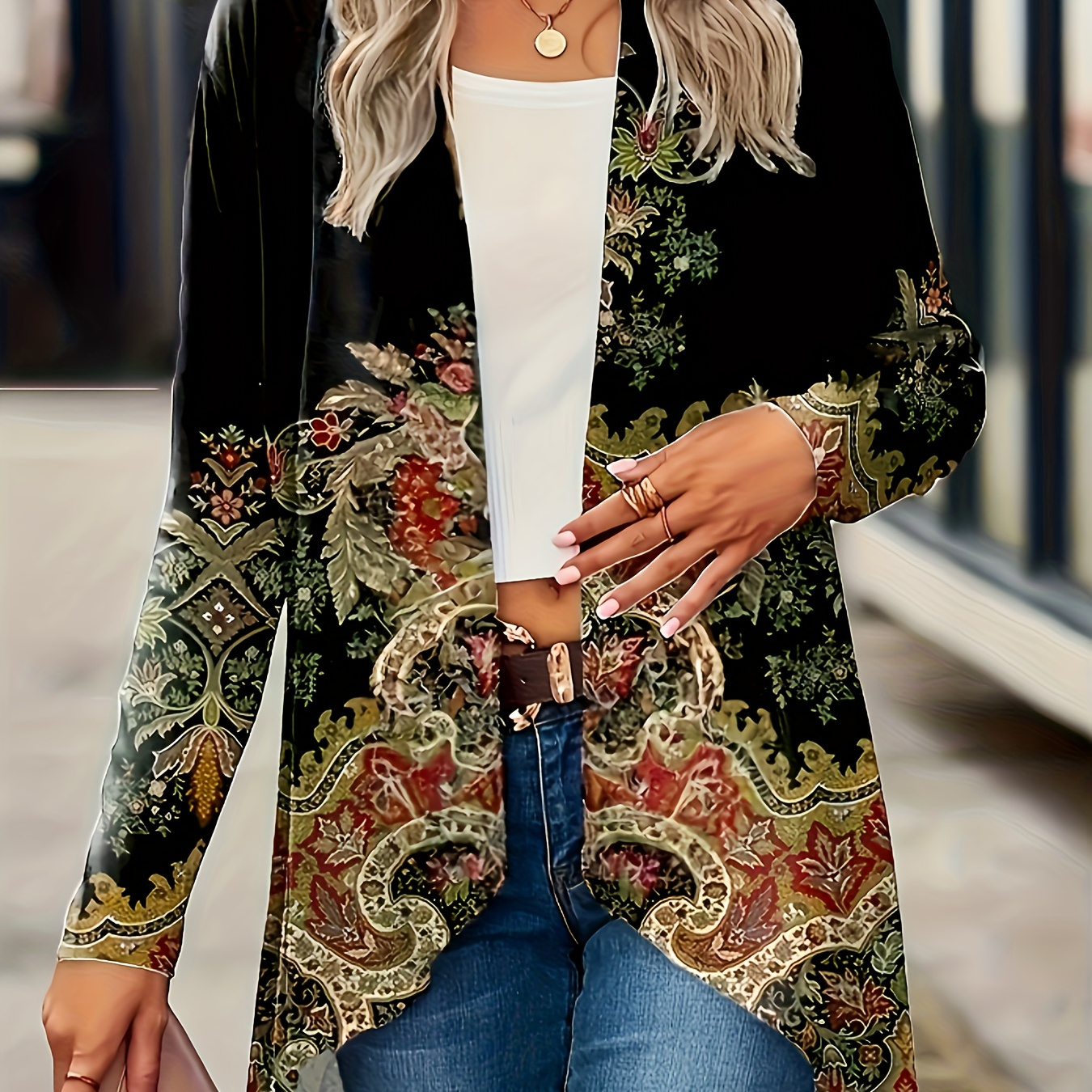 

Ethnic Floral Print Open Front Cardigan, Casual Long Sleeve Cardigan For Spring & Fall, Women's Clothing