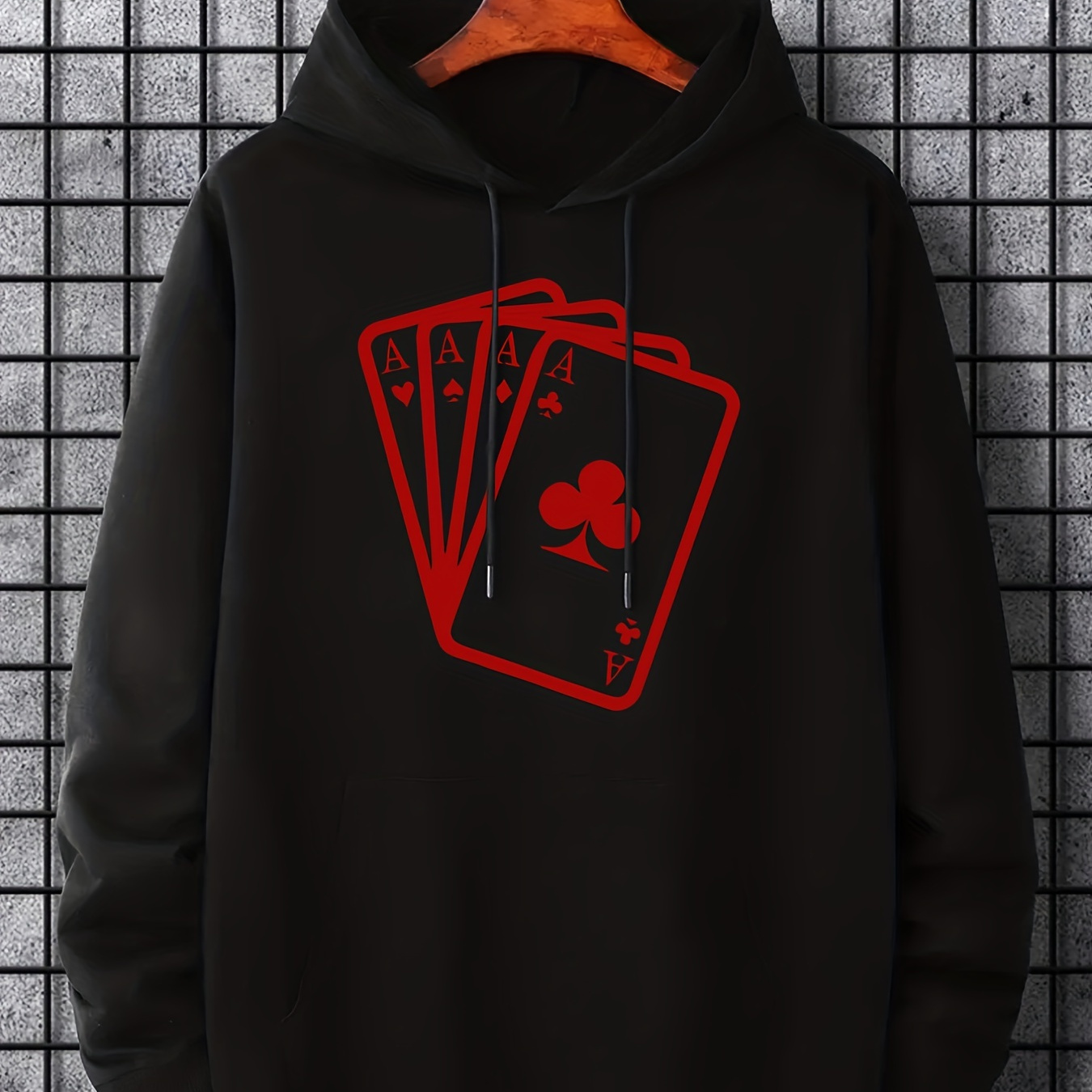 

Plus Size Casual Sweatshirt, Men's Stylish Poker Element Print Long Sleeve Drawstring Hoodie Sweatshirt