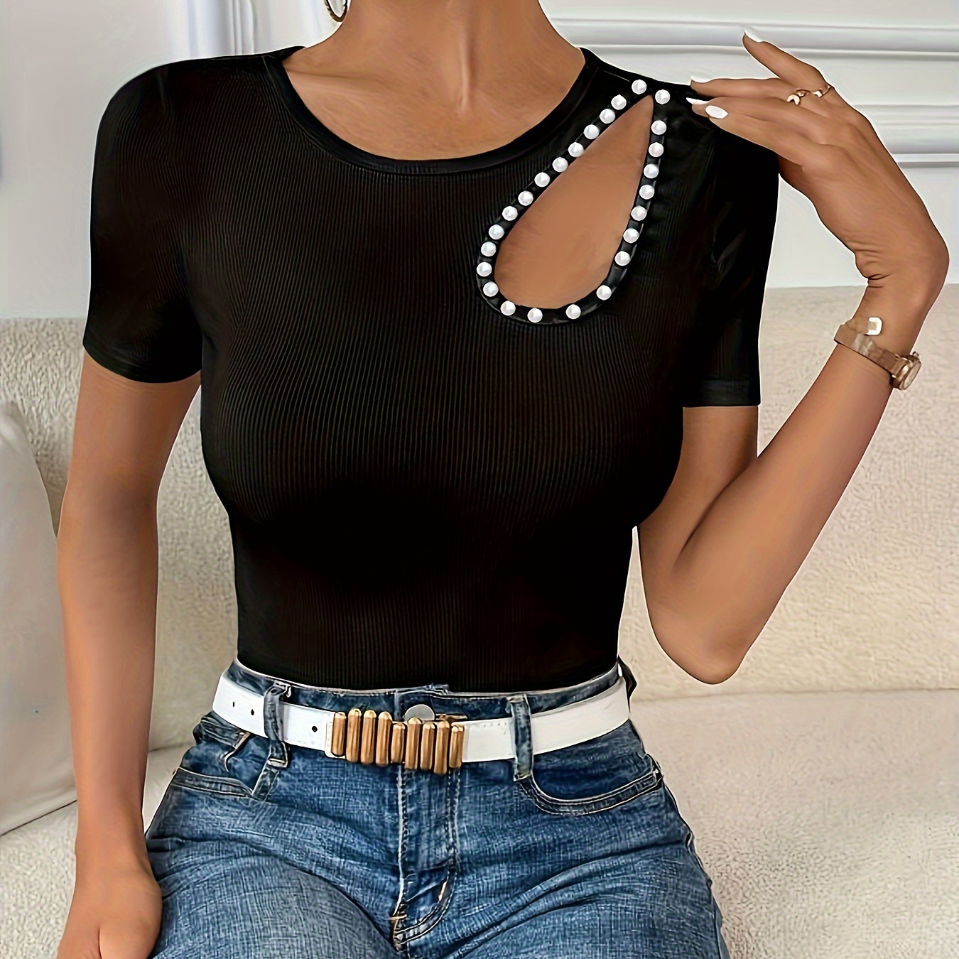 

Cut Out Crew Neck Beaded T-shirt, Casual Short Sleeve T-shirt For Spring & Summer, Women's Clothing