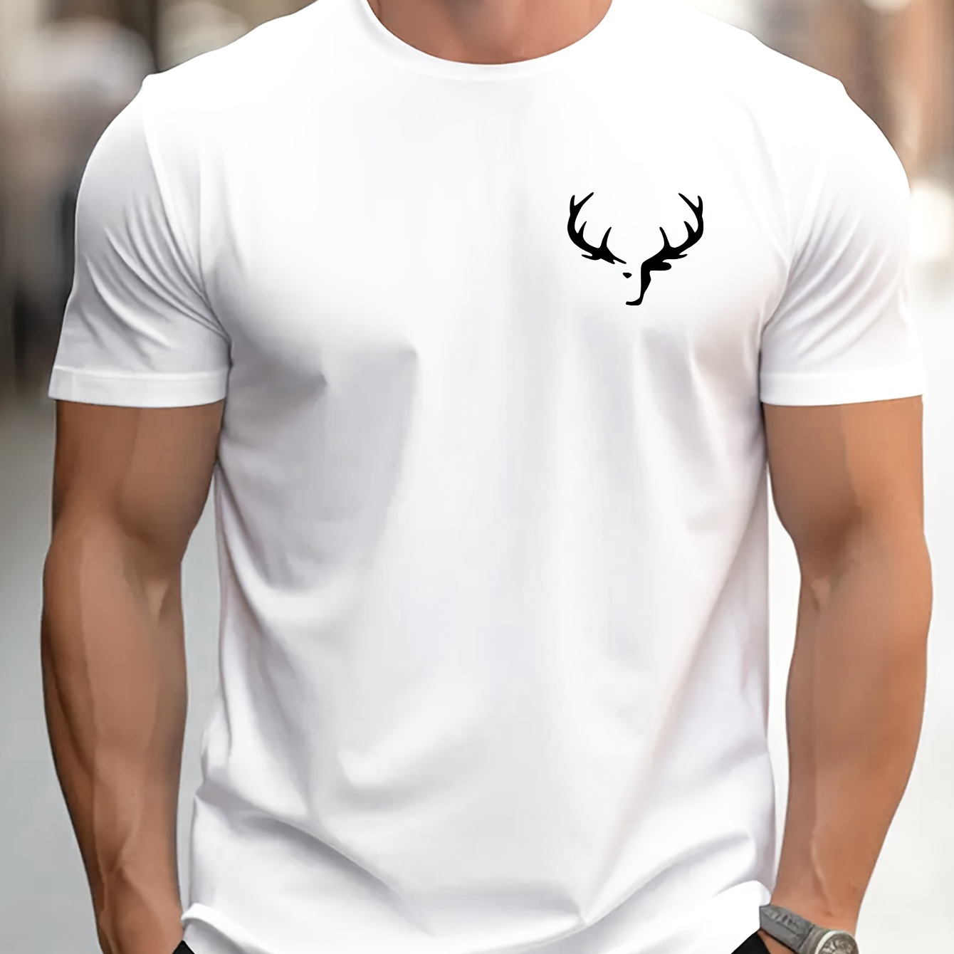 

Deer Creative Print Men's Short Sleeve Cotton T-shirt, Casual Round Neck Top, Versatile And Comfortable Tee, Spring& Summer Collection