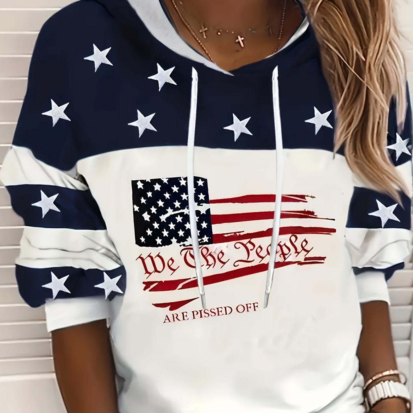 

Flag Print Drawstring Hoodie, Casual Long Sleeve Drop Shoulder Hoodie, Women's Clothing