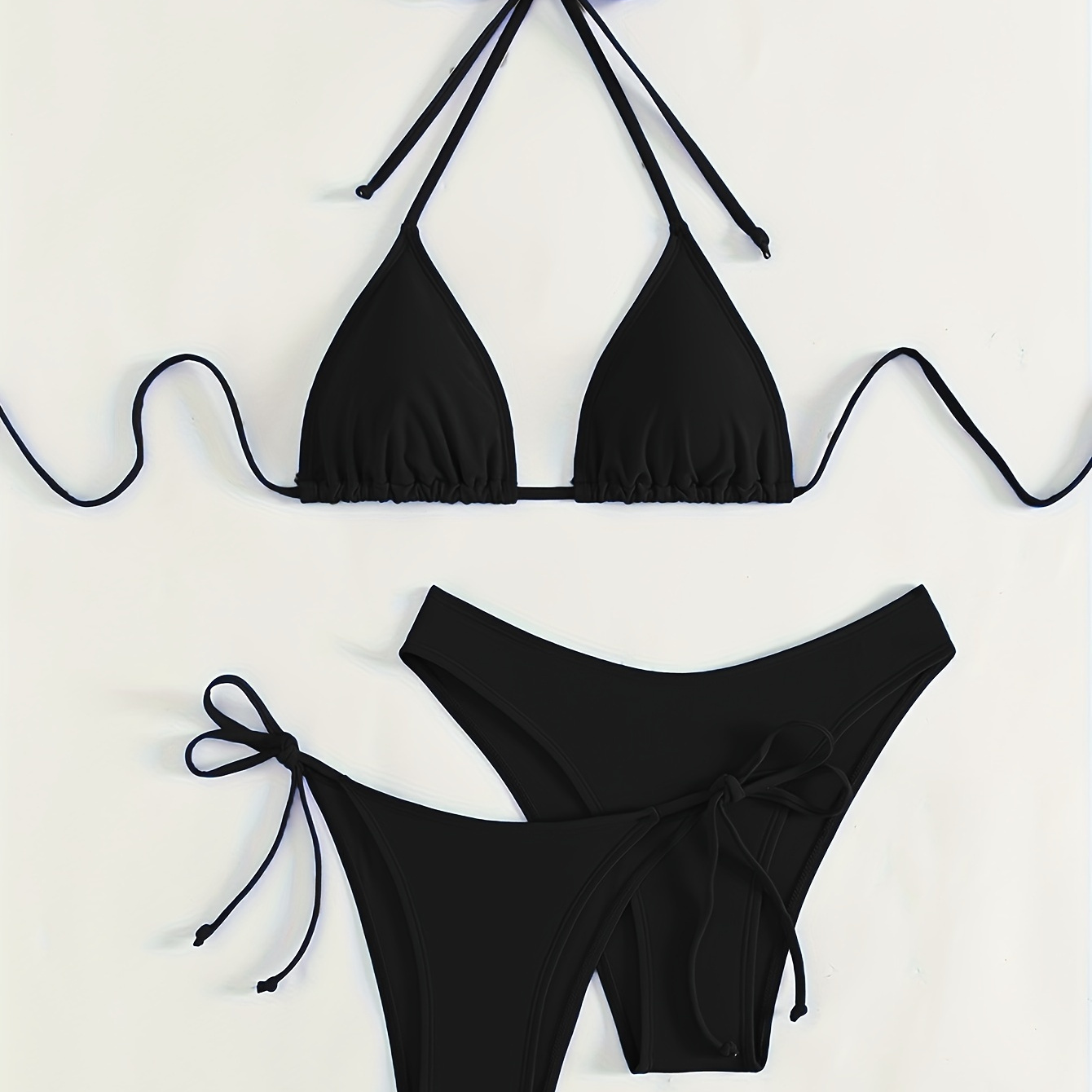 

Plain Black Color Triangle Halter Tie Strap Backless 3 Piece Set Bikini Swimsuits, Women's Swimwear & Clothing