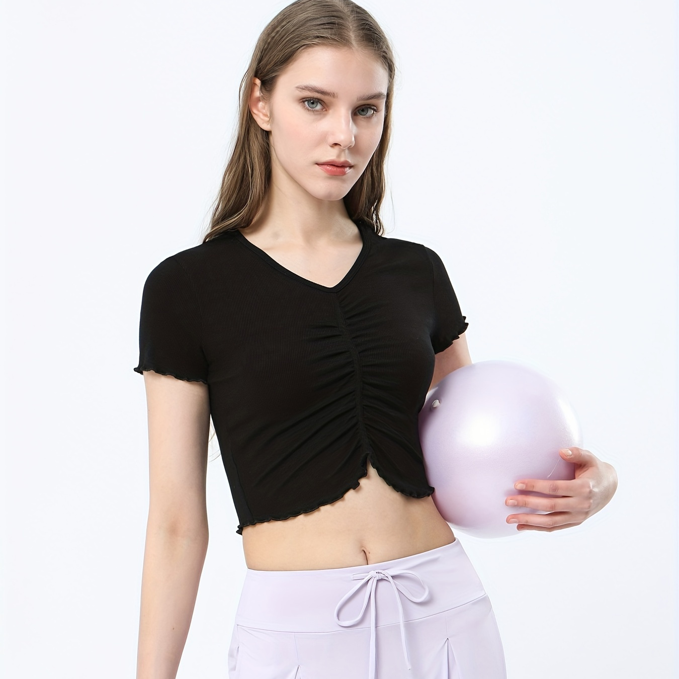 Elastic Soft Yoga Pleated Shirt, Breathable Pilates V-Neck Sport Crop Top,  Women's Tops