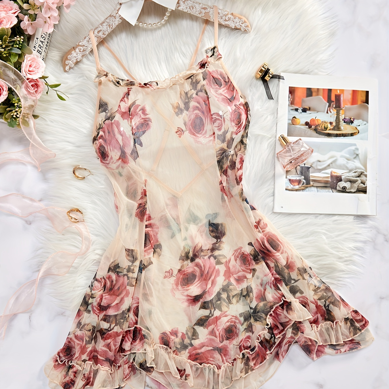 

Sexy Floral Print Ruffle Trim Slip Nightdress, Round Neck Criss Cross Backless Sleep Mini Dress, Women's Sleepwear & Dresses