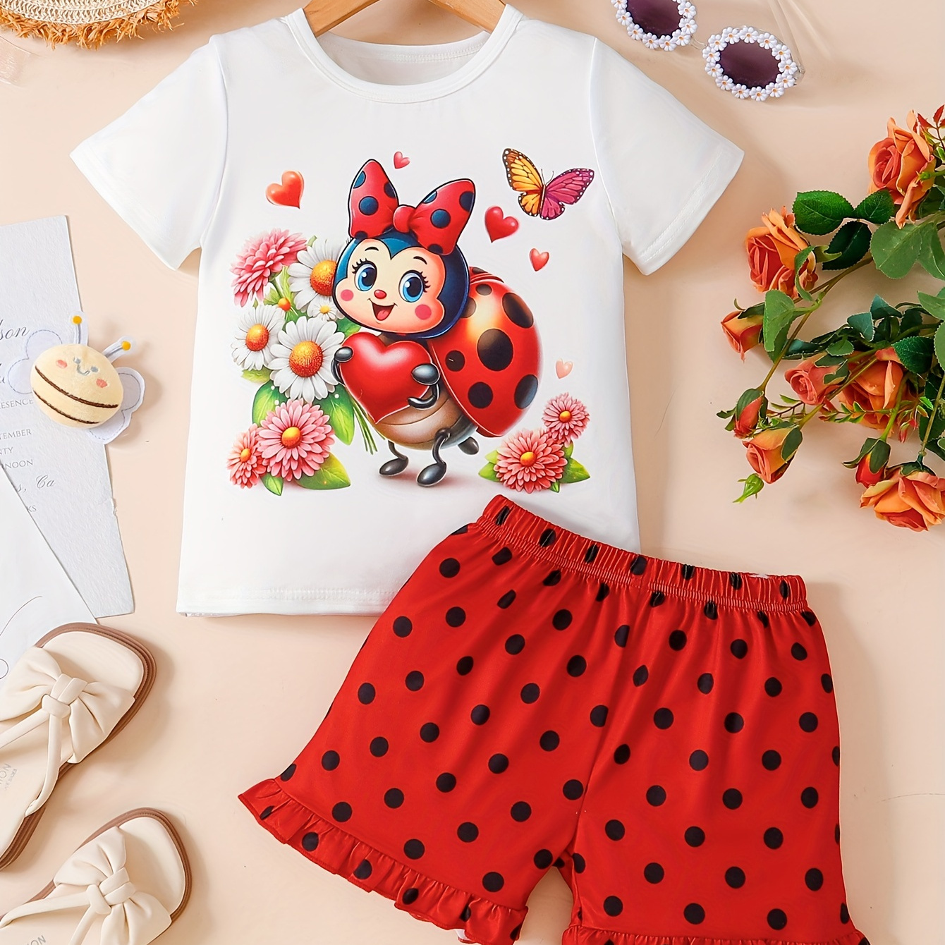 

2pcs, Cartoon Ladybug & Flower & Butterfly Graphic Short Sleeve Crew Neck T-shirt + Polka Dot Print Shorts Set For Girls, Comfy And Trendy Holiday Set Summer Gift