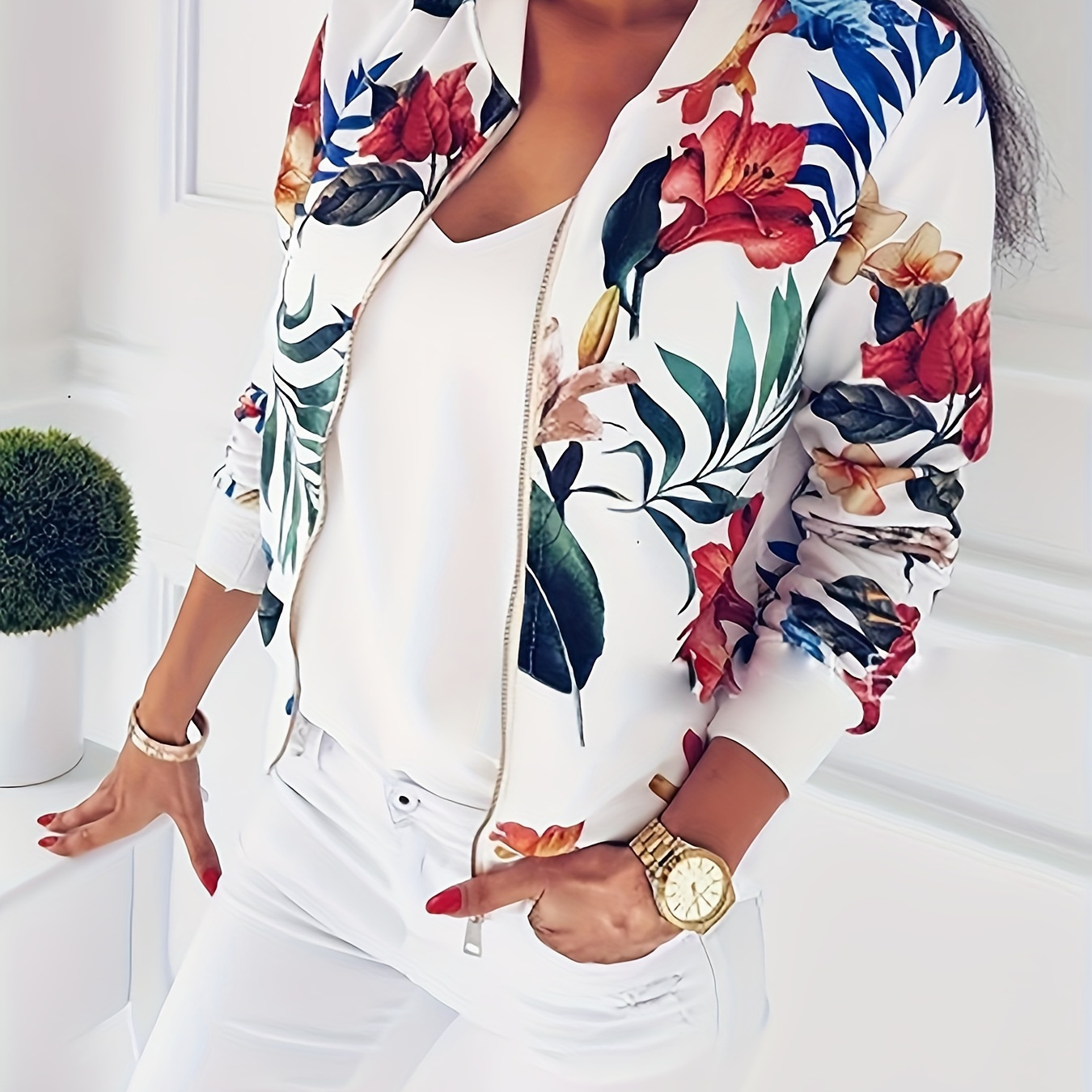 

Floral Print Zip Up Jacket, Casual Long Sleeve Bomber Jacket For Spring & Fall, Women's Clothing