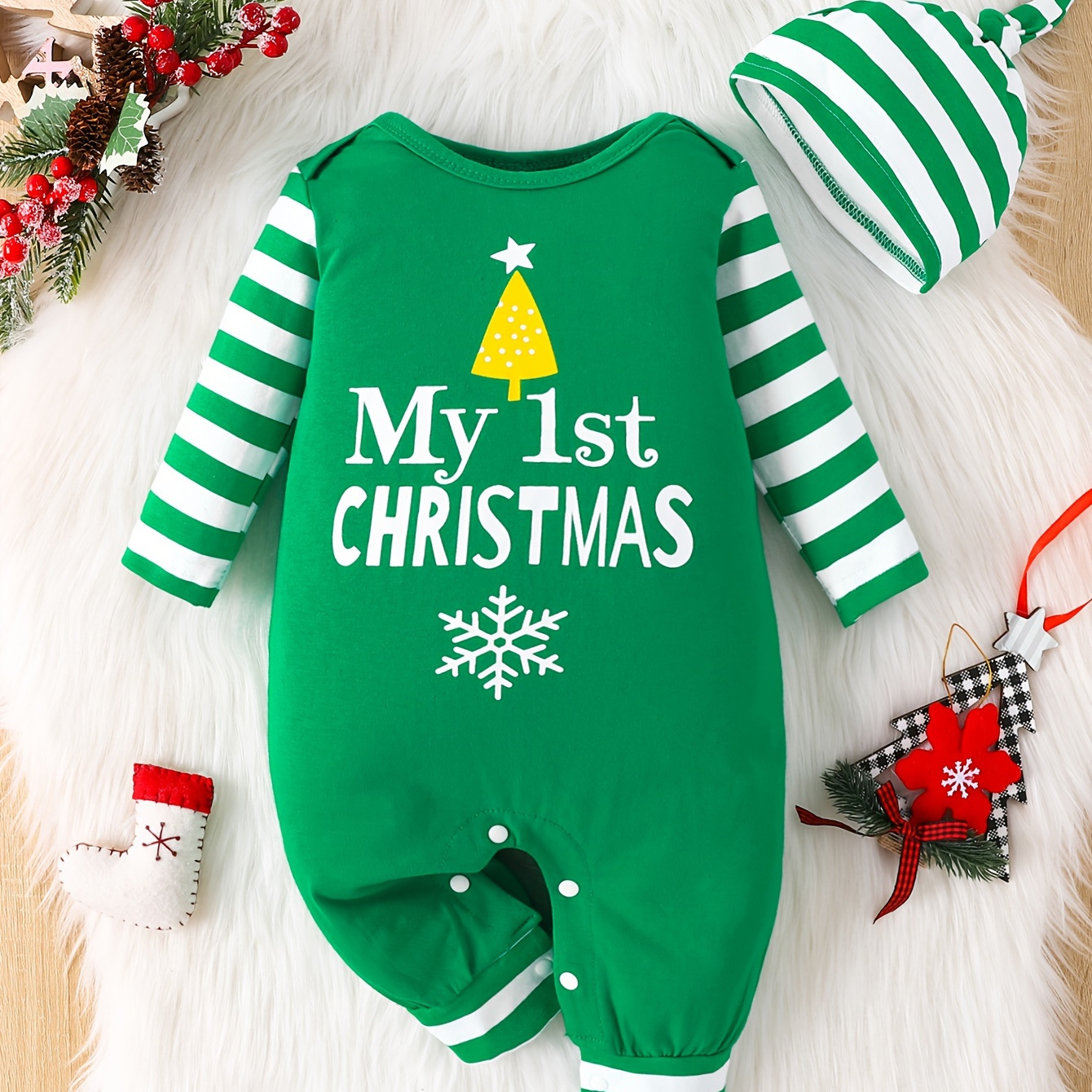 

Infant Toddler Boys And Girls Spring And Autumn Letter Print Cute Christmas Long Sleeve Romper & Hat 2pcs Set