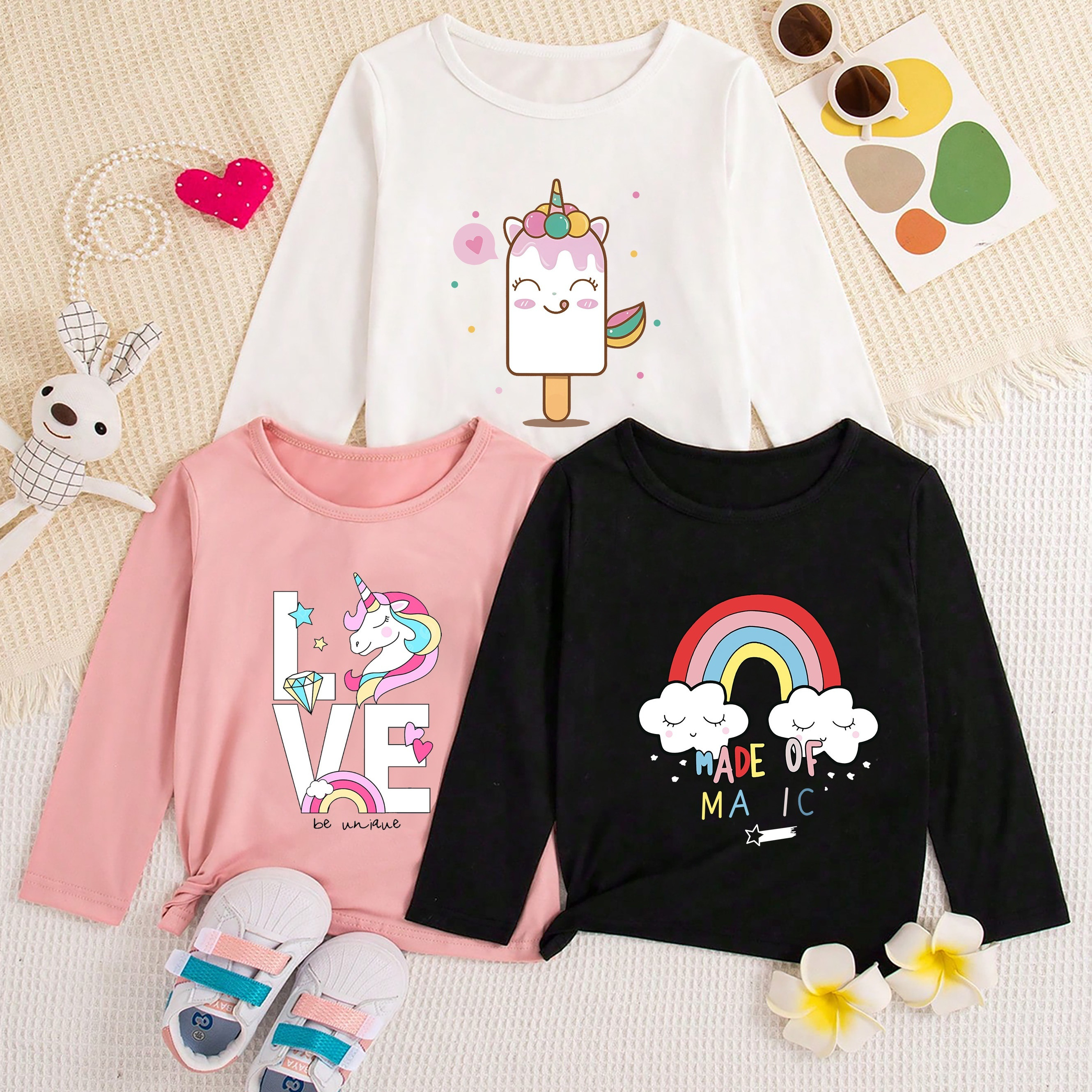 

3pcs Cute Cartoon Unicorn Print Girls' Crew Neck Long Sleeve T-shirts, Polyester, Spring/fall, Regular Fit, Knit Fabric