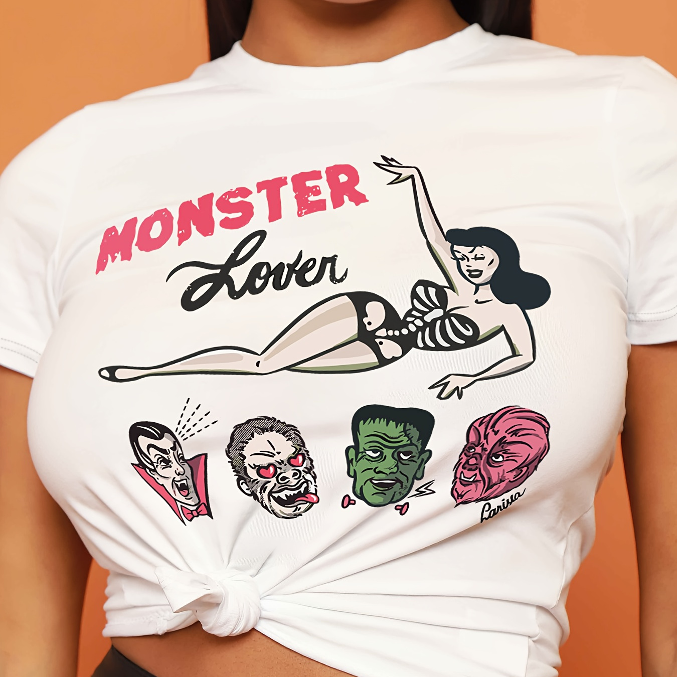 

Women's "monster Lover" Graphic Tee - Black With Vintage Horror Icons, Short Sleeve, Round Neck, Stretch Polyester, Casual