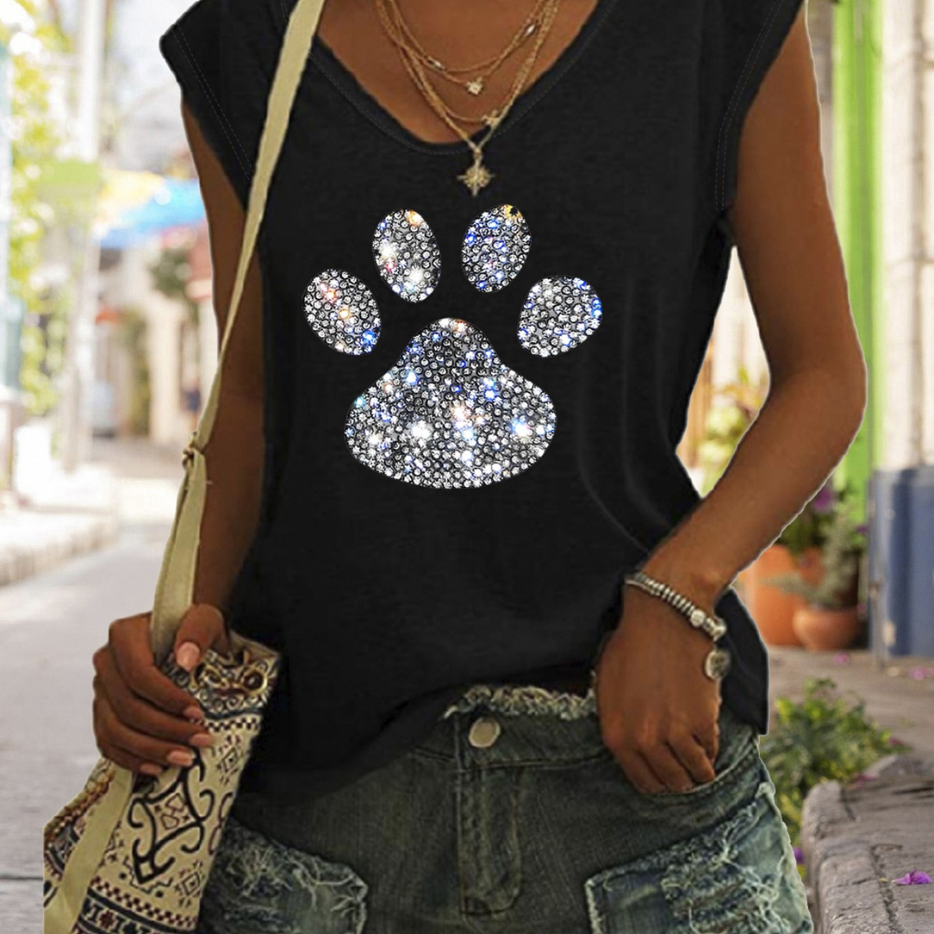 

Paw Print Tank Top, Cap Sleeve Casual Top For Summer & Spring, Women's Clothing