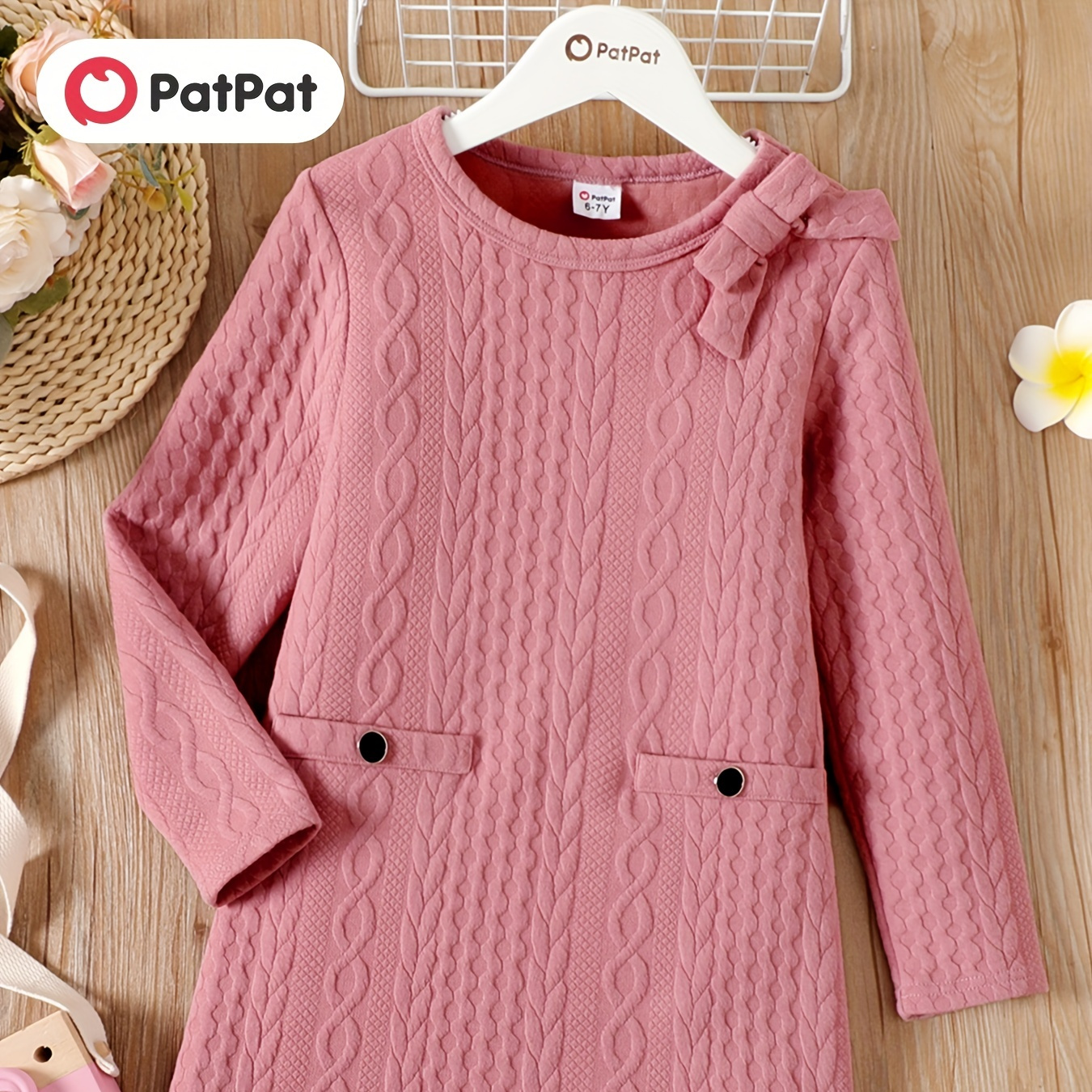 

Patpat Kid Girl Elegant Cable Knit Bowknot Design Round Neck Long-sleeve Pink Dress For Spring & Autumn/fall