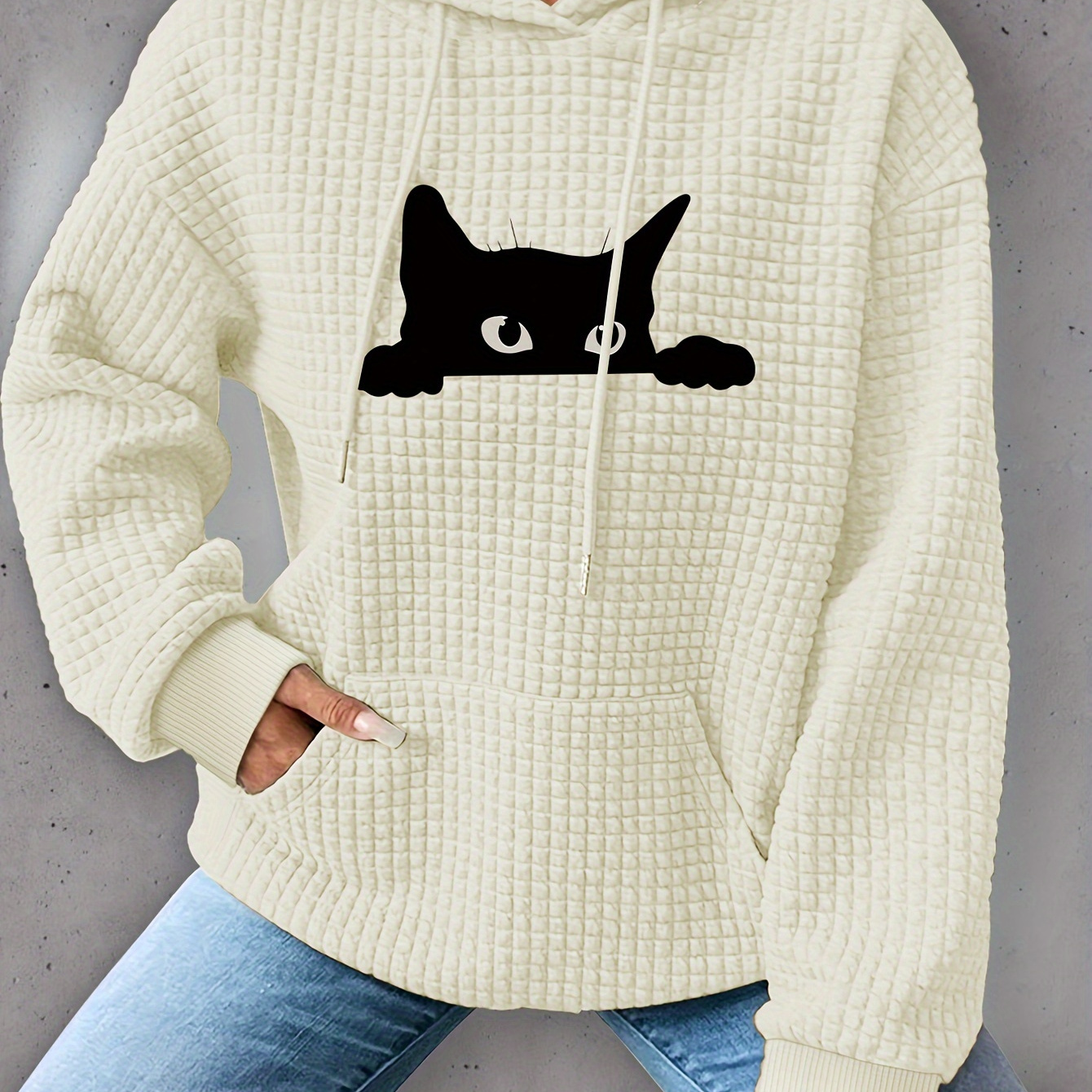 

Casual Polyester Waffle Knit Hoodie With Cat Applique Design - Long Sleeve Pullover With Hood, Regular Fit Fall/winter Sweatshirt For Women