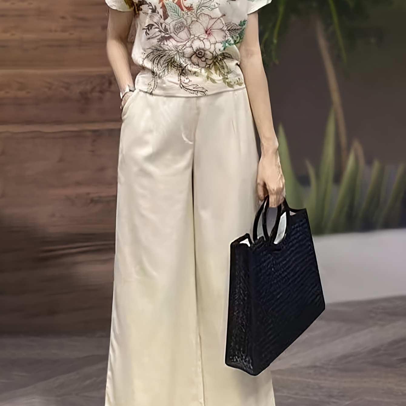 

Floral Print Slant Pocket Two-piece Set, Casual Short Sleeve T-shirt & Wide Leg Pants Outfits, Women's Clothing