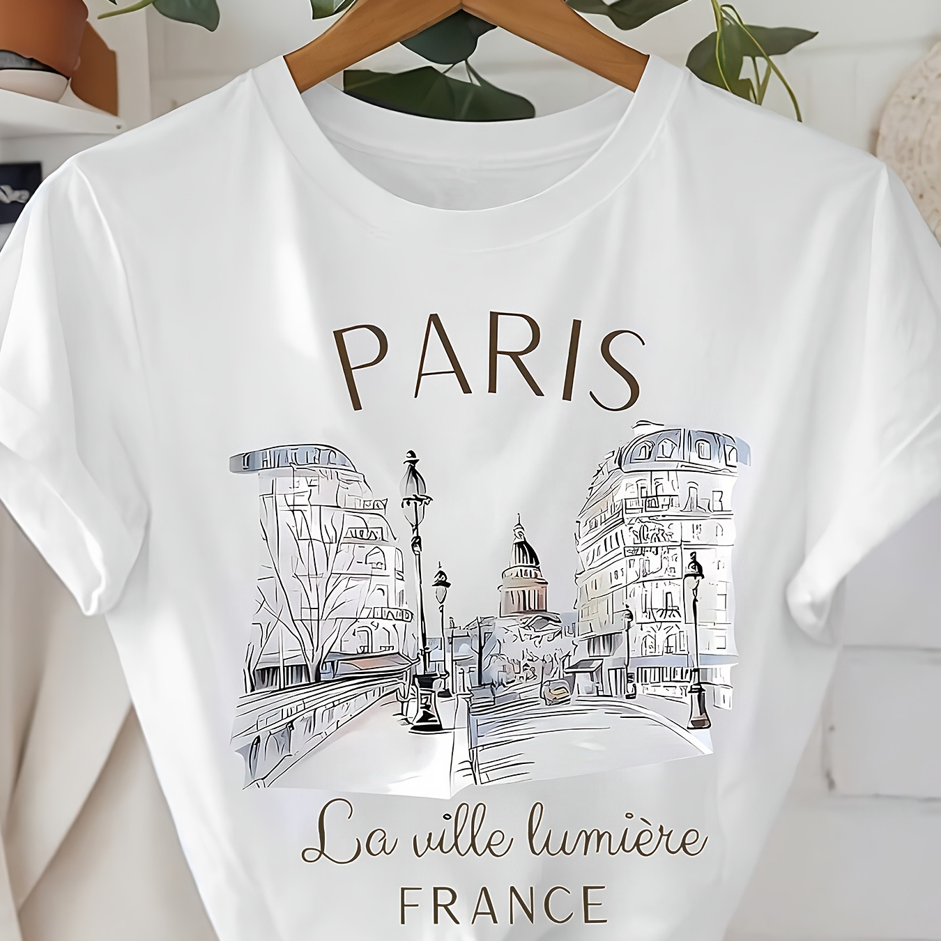 

Paris Print T-shirt, Short Sleeve Crew Neck Casual Top For Summer & Spring, Women's Clothing