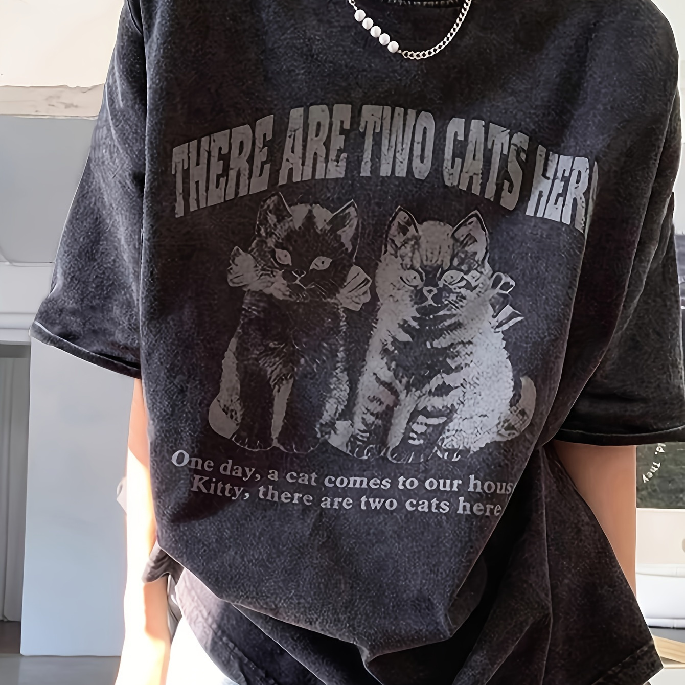 

Cute Cat & Letter Print Vintage T-shirt, Crew Neck Drop Shoulder Loose Top For Spring & Summer, Women's Clothing