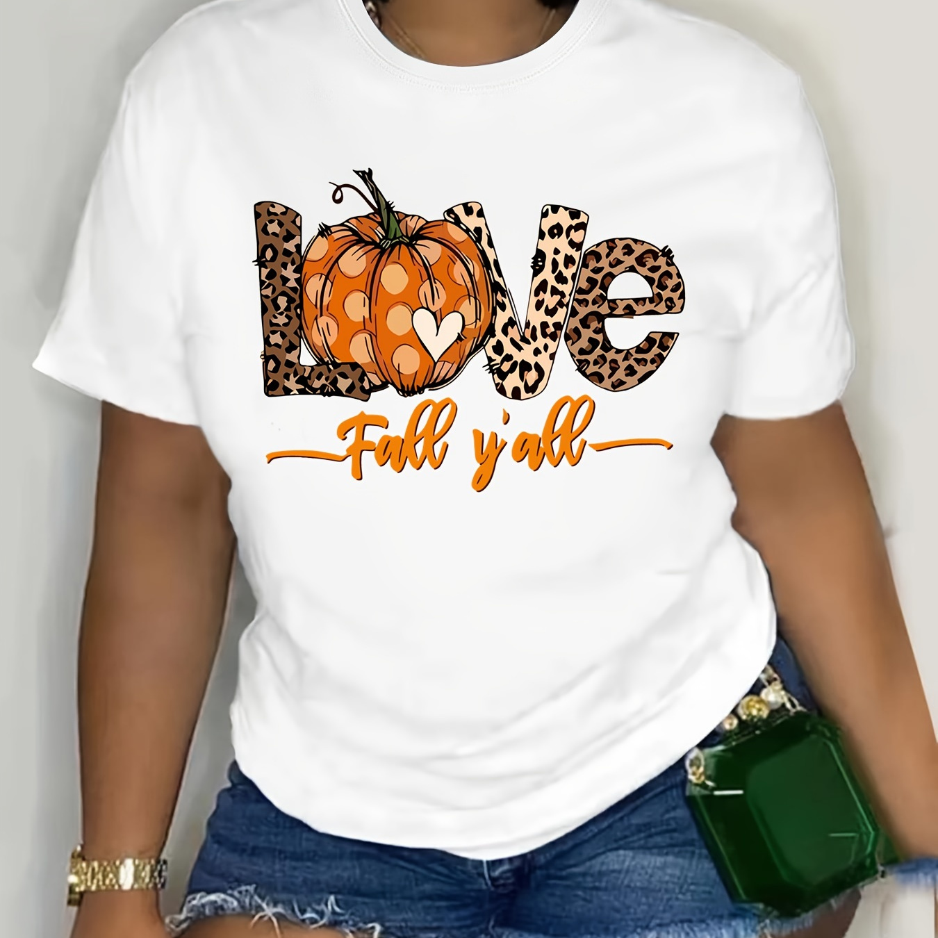 

Plus Size Pumpkin & Letter Print T-shirt, Casual Short Sleeve Top For Spring & Summer, Women's Plus Size Clothing
