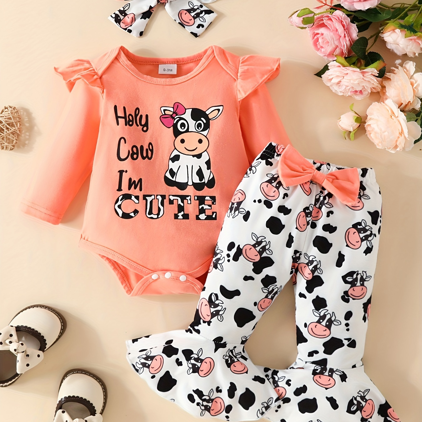 

Cute Cow Graphic Baby Girls 3pcs Outfit - Long Sleeve Romper + Bowknot Flared Trousers Set With Free Headband