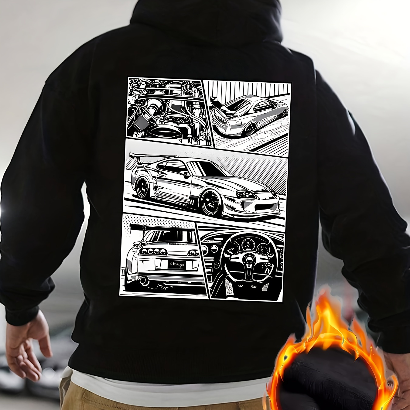 

Car Print Men's Pullover Round Neck Long Sleeve Hooded Sweatshirt Pattern Loose Casual Top For Autumn Winter Men's Clothing As Gifts