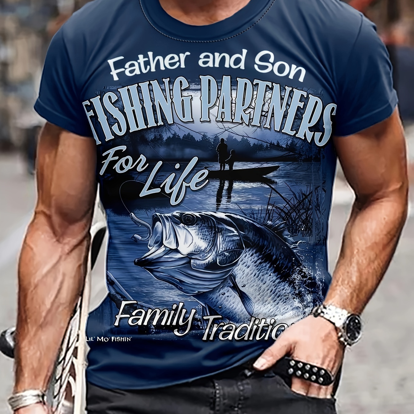 

Father And Son Fishing Partners & 3d Printed Fish Pattern Crew Neck Short Sleeve T-shirt For Men, Casual Summer T-shirt For Daily Wear And Vacation Resorts