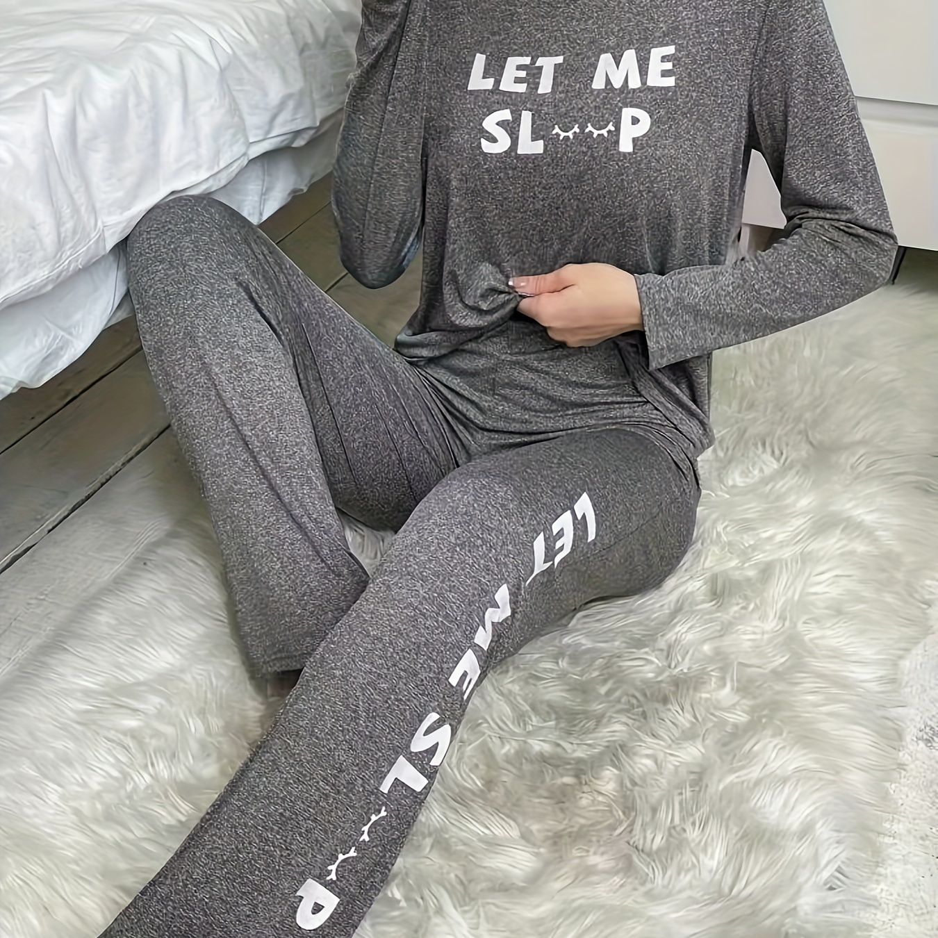 

Eyelash & Slogan Print Pajama Set, Casual Long Sleeve Round Neck Top & Elastic Pants, Women's Sleepwear