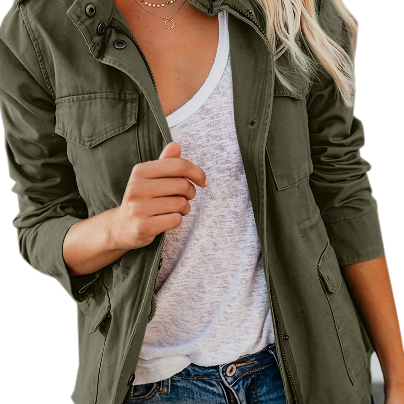 

Solid Color Button Front Jacket, Casual Flap Pockets Long Sleeve Jacket For Spring & Fall, Women's Clothing