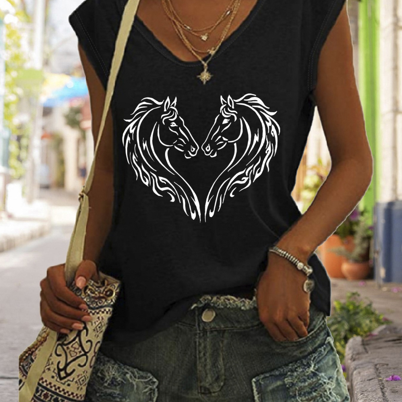 

Horse Print Tank Top, Cap Sleeve Casual Top For Summer & Spring, Women's Clothing