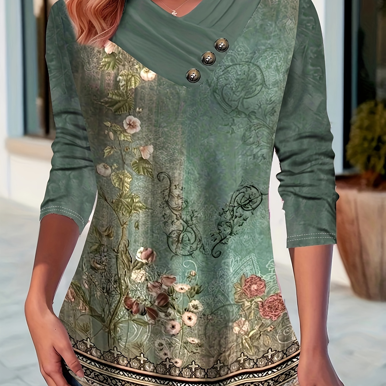 

Floral Print Long Sleeve T-shirt, Casual Button Front V Neck Top For Winter & Fall, Women's Clothing