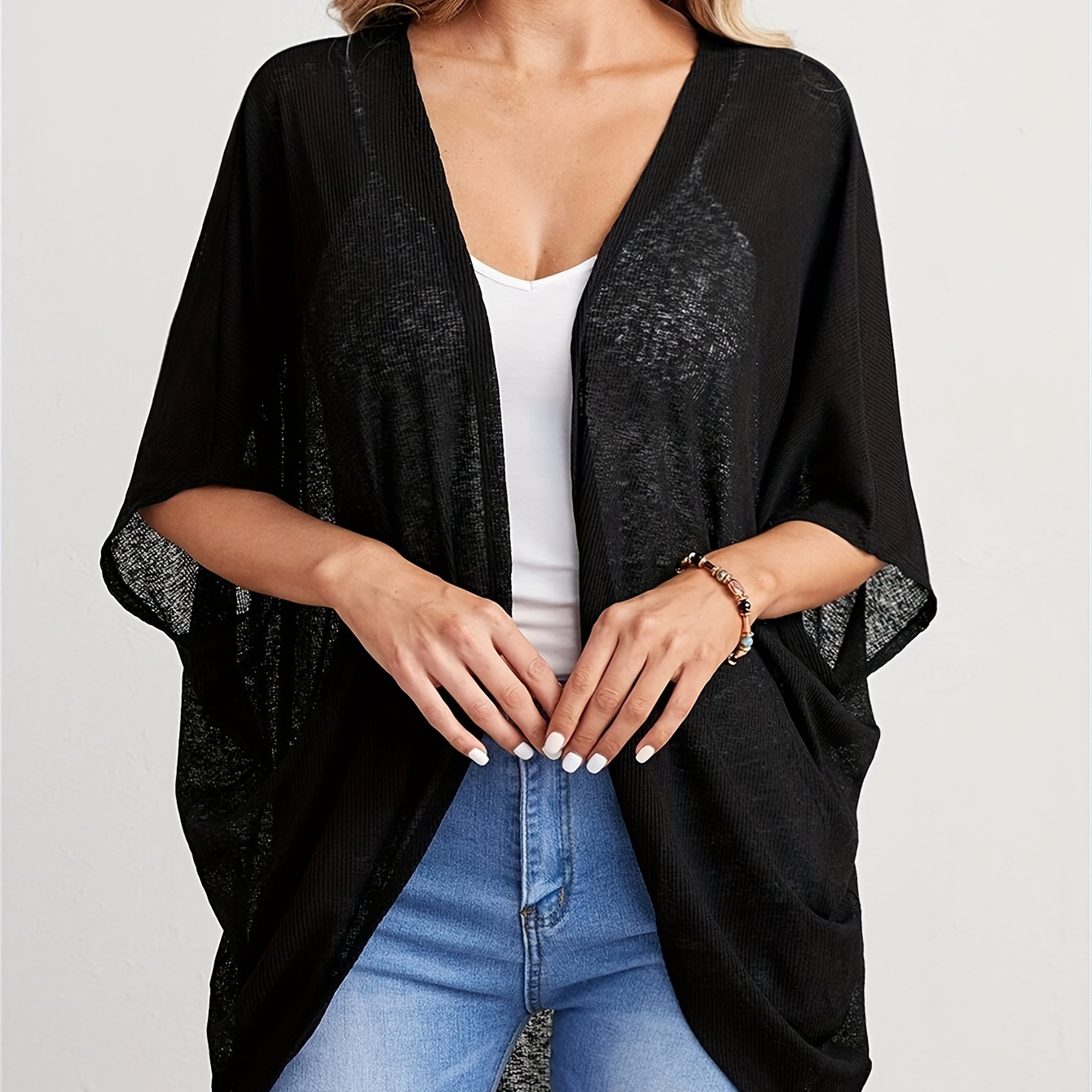 

Solid Color Open Front Cardigan, Versatile Batwing Sleeve Loose Cardigan For Spring & Fall, Women's Clothing