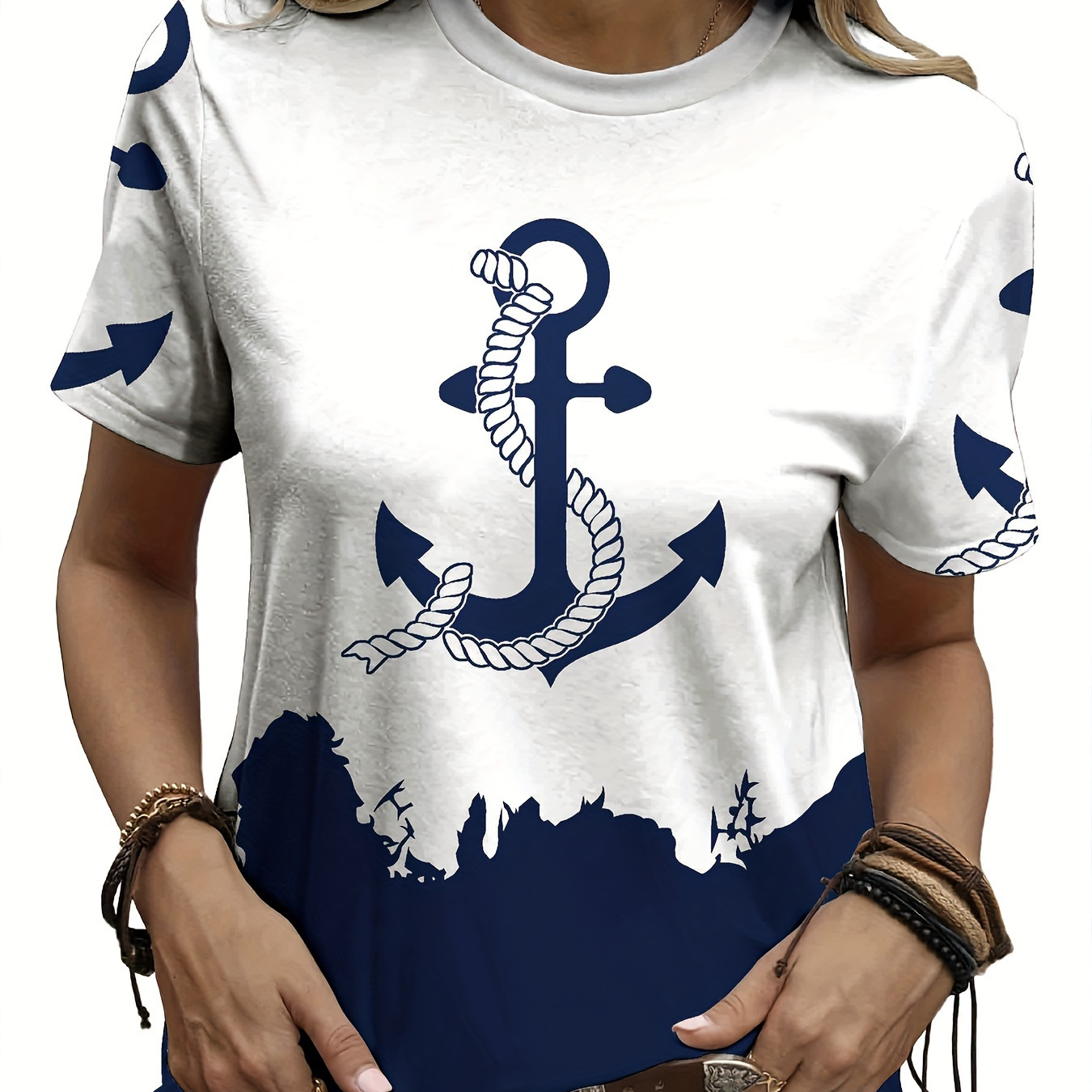 

Anchor Print Crew Neck T-shirt, Casual Short Sleeve Top For Spring & Summer, Women's Clothing