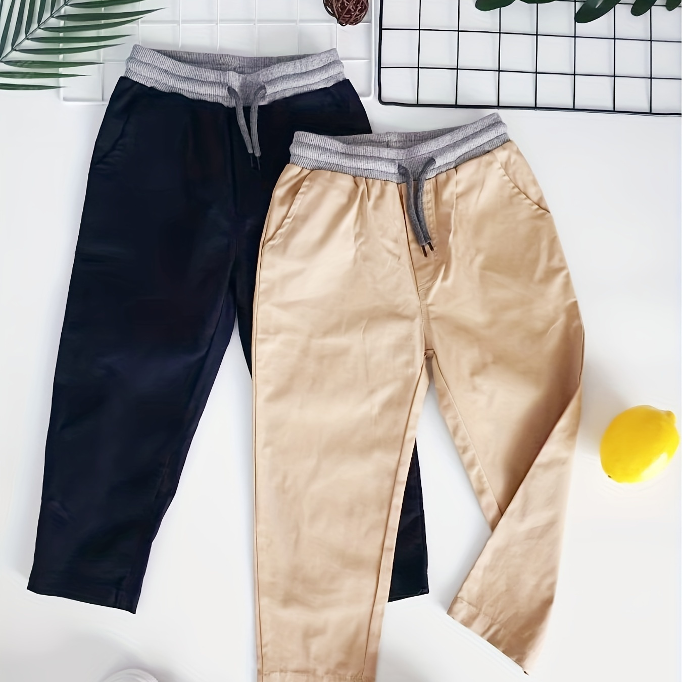 2pcs Boys Casual Solid Loose Cargo Pants, Elastic Waist Jogger Pants With Pocket, Kids Clothing Outdoor