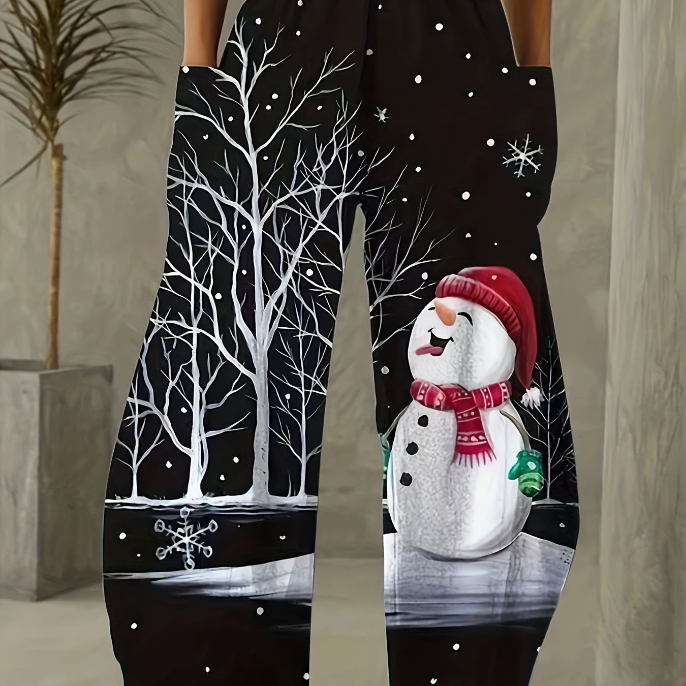 

Pantalon de Noël à deux poches, pantalon décontracté à taille élastique ample pour le printemps et l'automne, vêtements pour femmes.