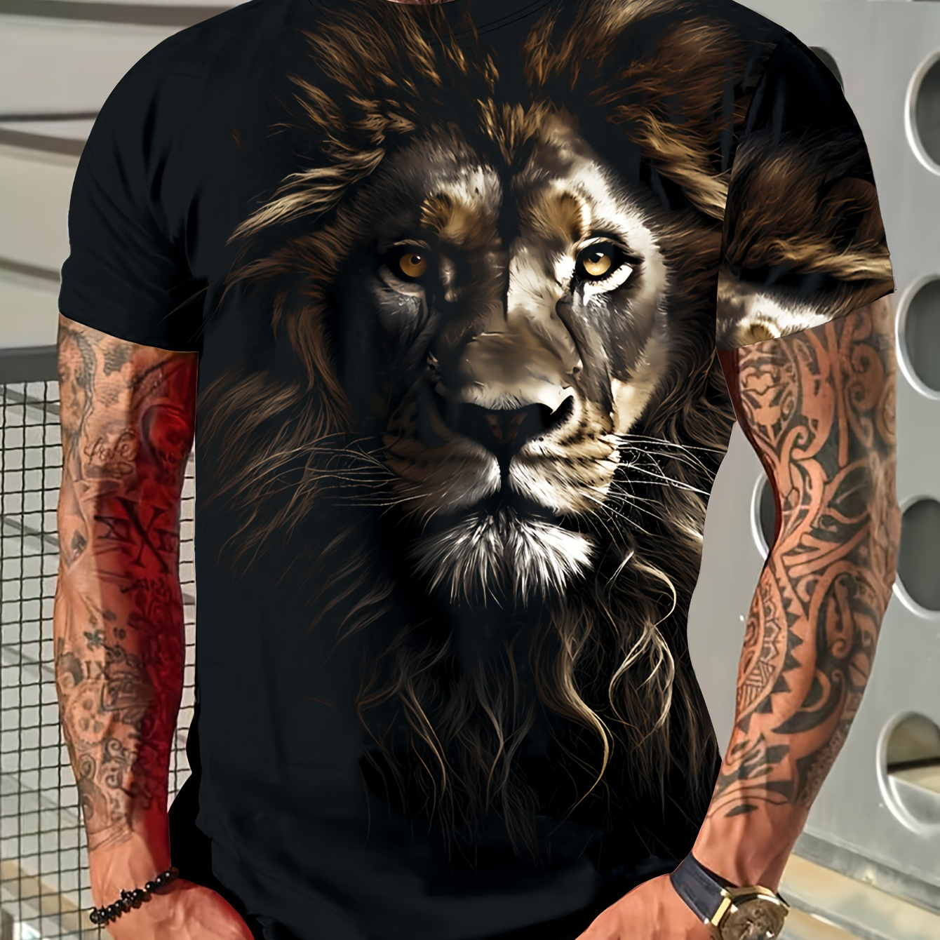 

Men's Lion Graphic Print T-shirt, Casual Short Sleeve Crew Neck Tee, Men's Clothing For Summer Outdoor