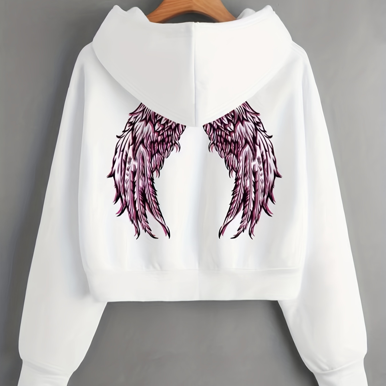 

Wings Print Thermal Lined Drawstring Crop Sweatshirt, Long Sleeve Casual Sports Hoodie, Women's Athleisure