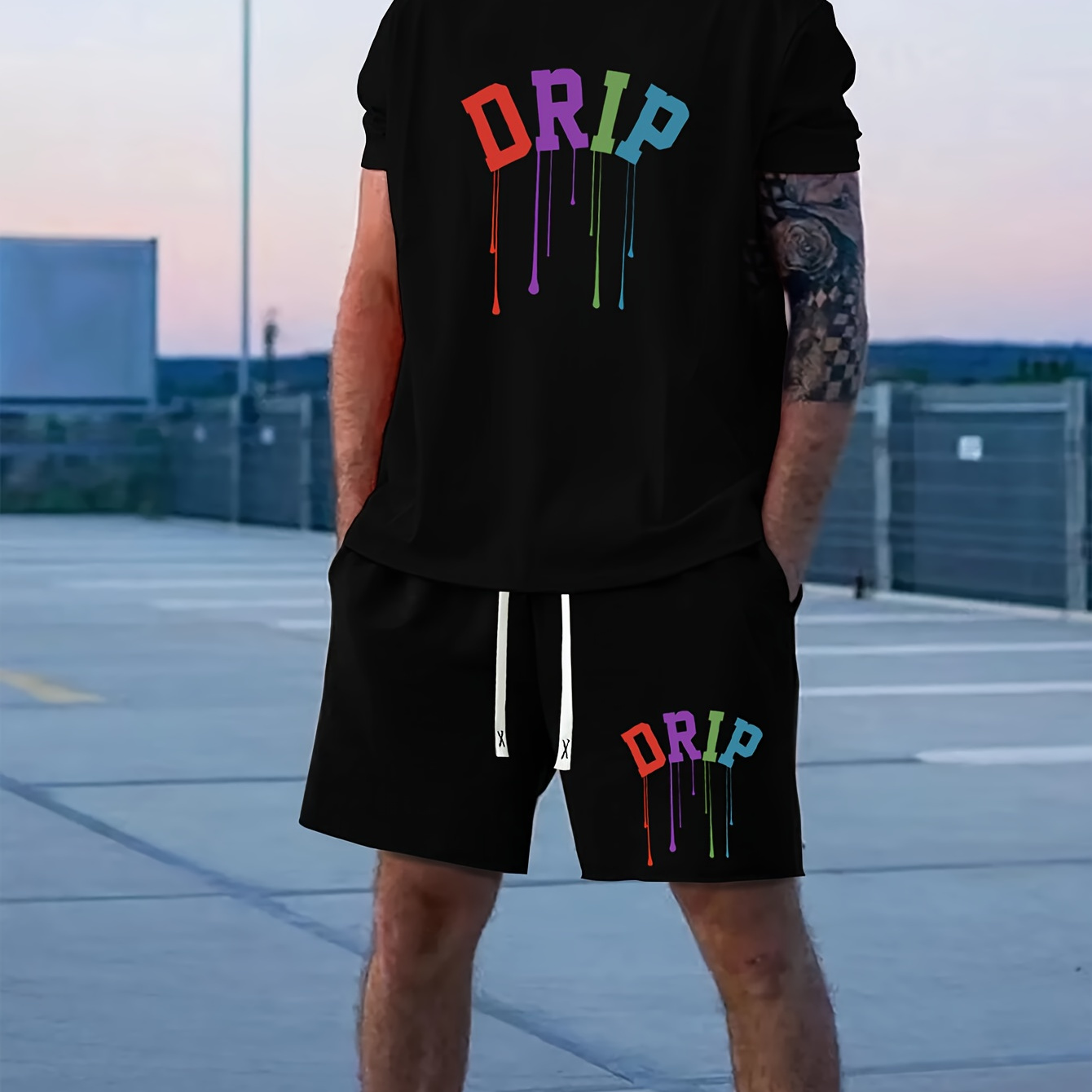 

2pcs, Drip Print Outfits Short Sleeve T-shirt Top + Shorts Set For Men Summer