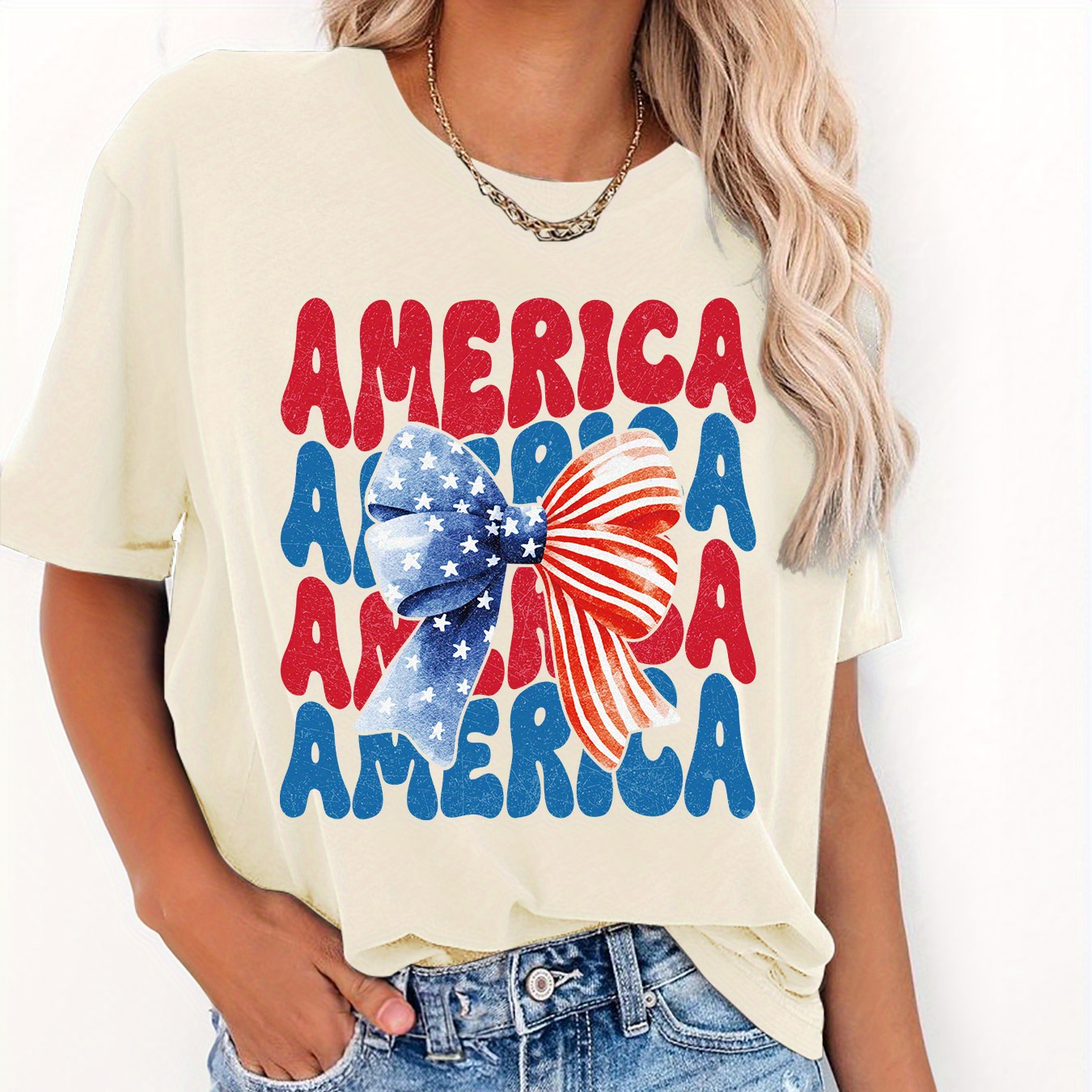

America Bow Print T-shirt, Short Sleeve Crew Neck Casual Top For Summer & Spring, Women's Clothing