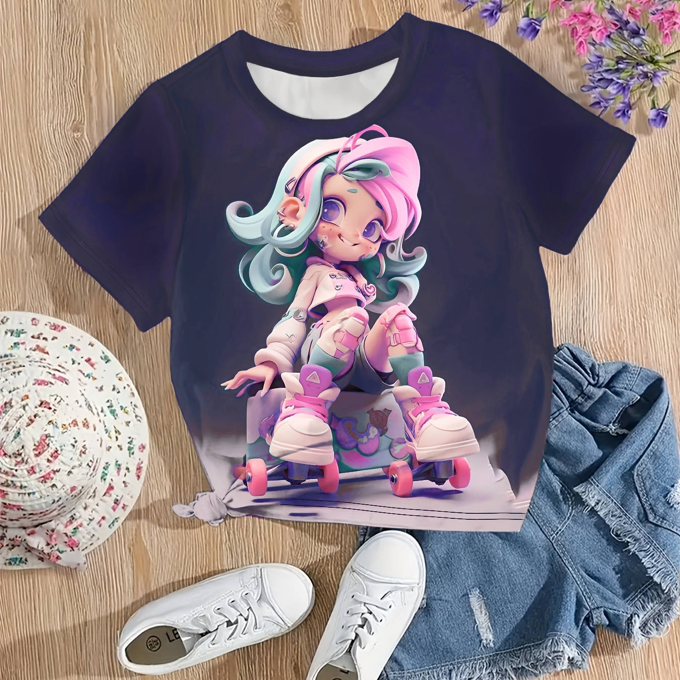 

Sweet 3d Cartoon Girl Graphic Anime Print Crew Neck Short Sleeve T-shirt Top For Summer Girls Sports